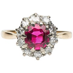 Antique, Art Deco 18 Carat Yellow Gold, Natural Ruby Diamond Cluster Ring