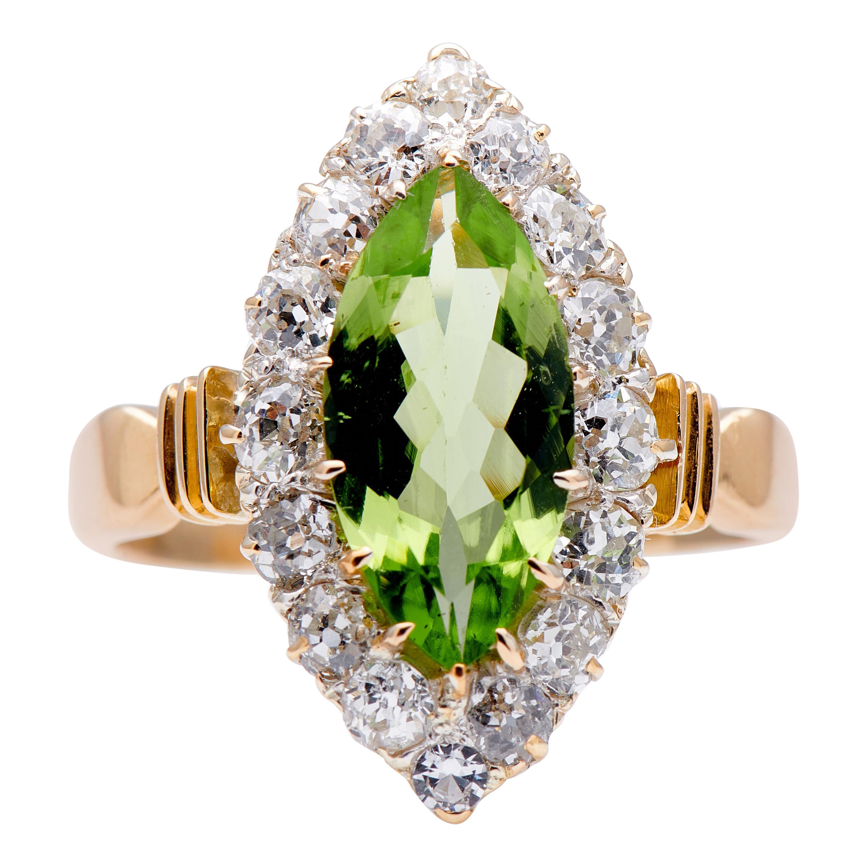 Antique, Art Deco 18 Carat Yellow Gold Peridot and Diamond Marquise Cluster Ring