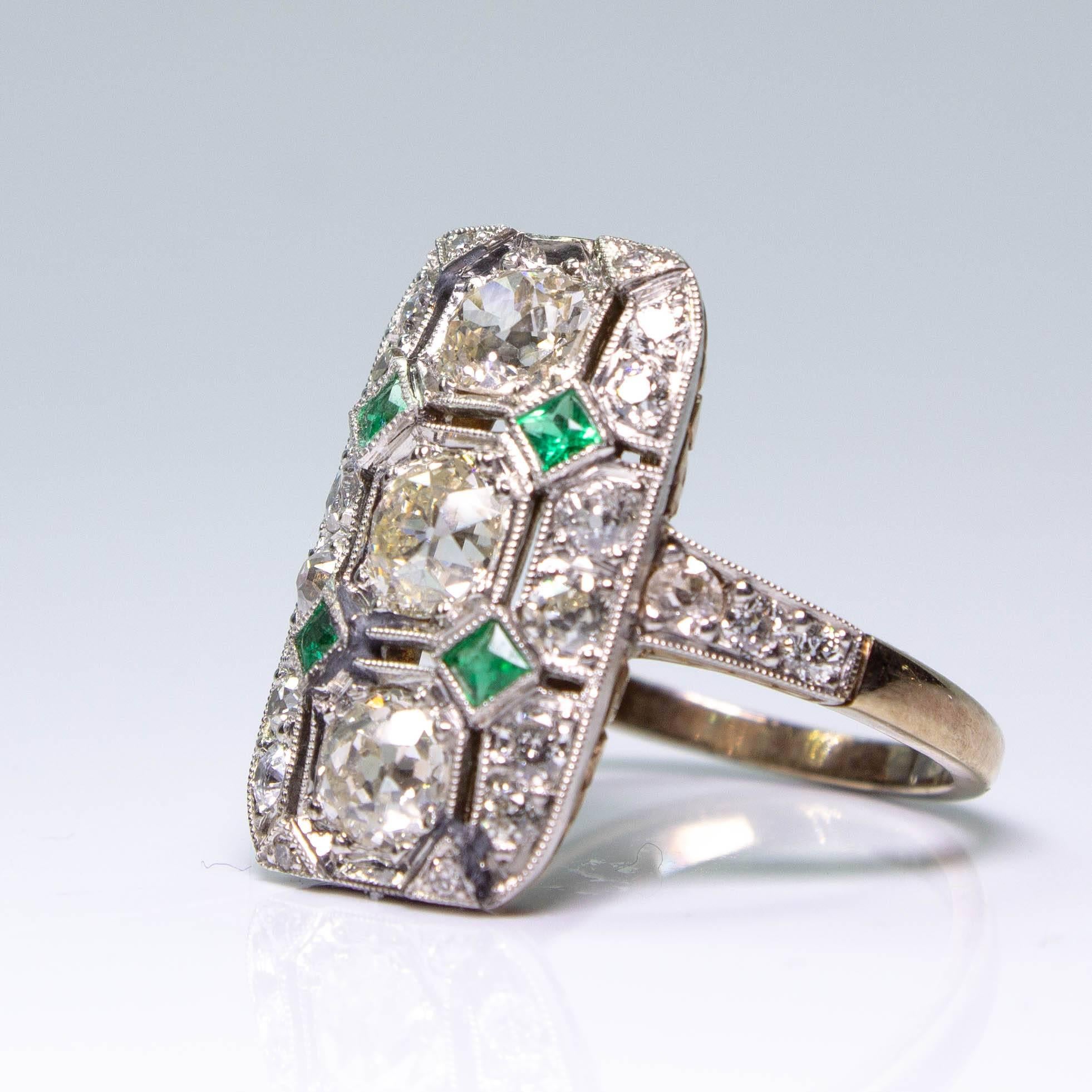 Cushion Cut Antique Art Deco 18 Karat Gold 2.27 Carat Diamond and Emerald Ring