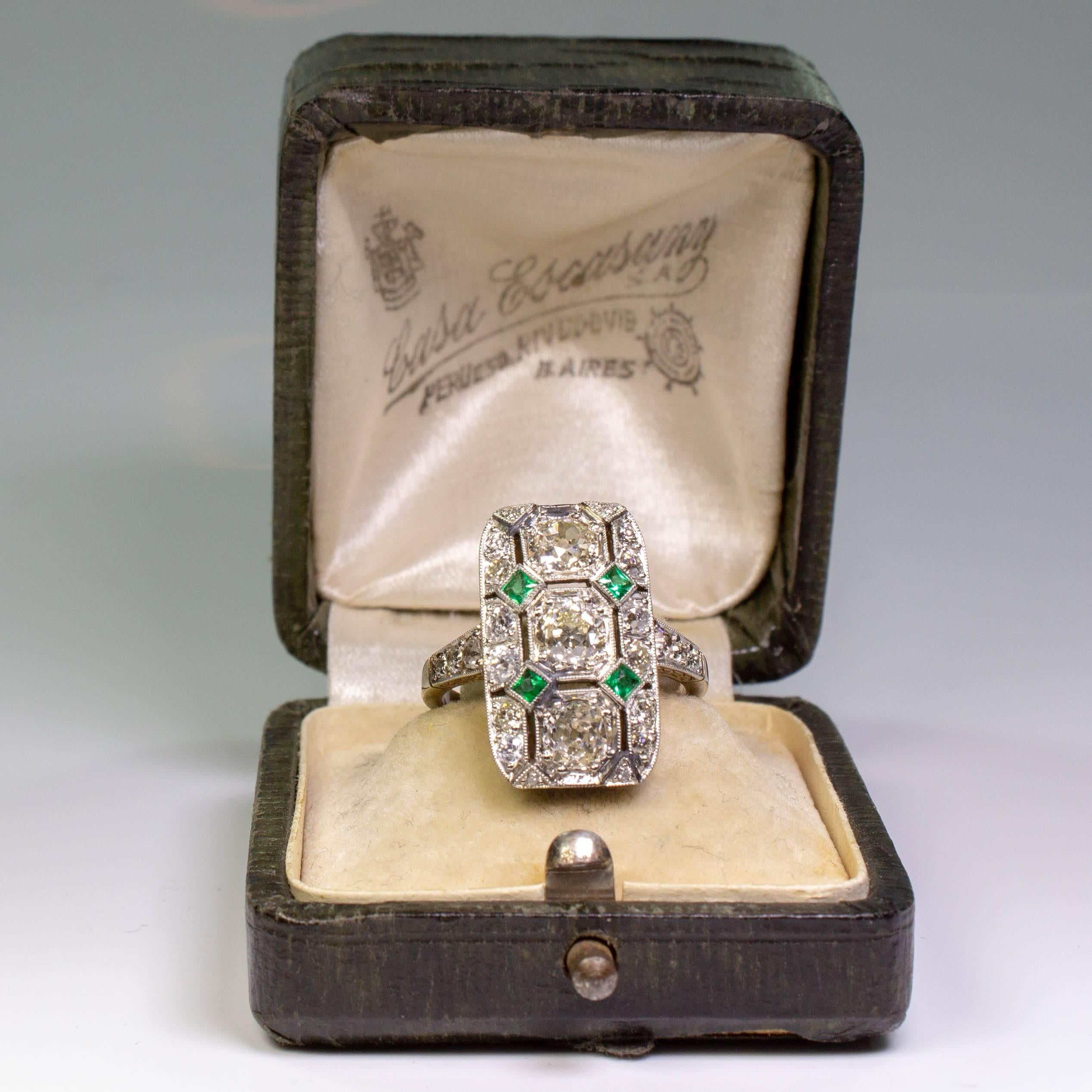 Women's or Men's Antique Art Deco 18 Karat Gold 2.27 Carat Diamond and Emerald Ring