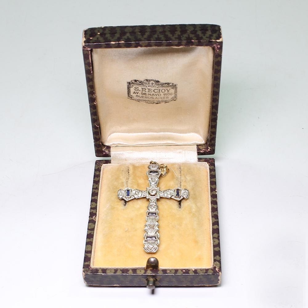 Women's or Men's Antique Art Deco 18 Karat Gold Diamond and Sapphire Cross