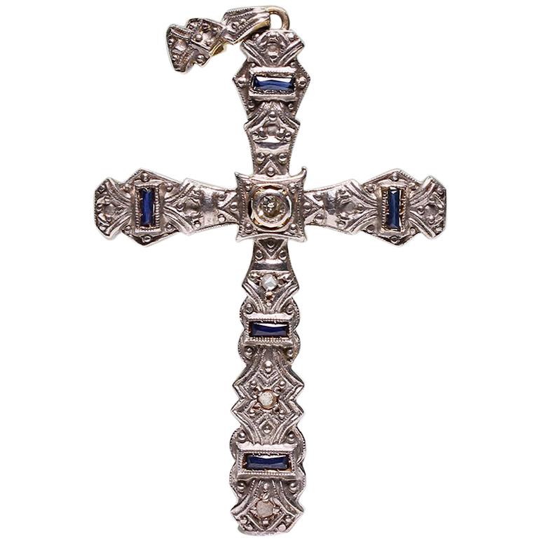 Antique Art Deco 18 Karat Gold Diamond and Sapphire Cross