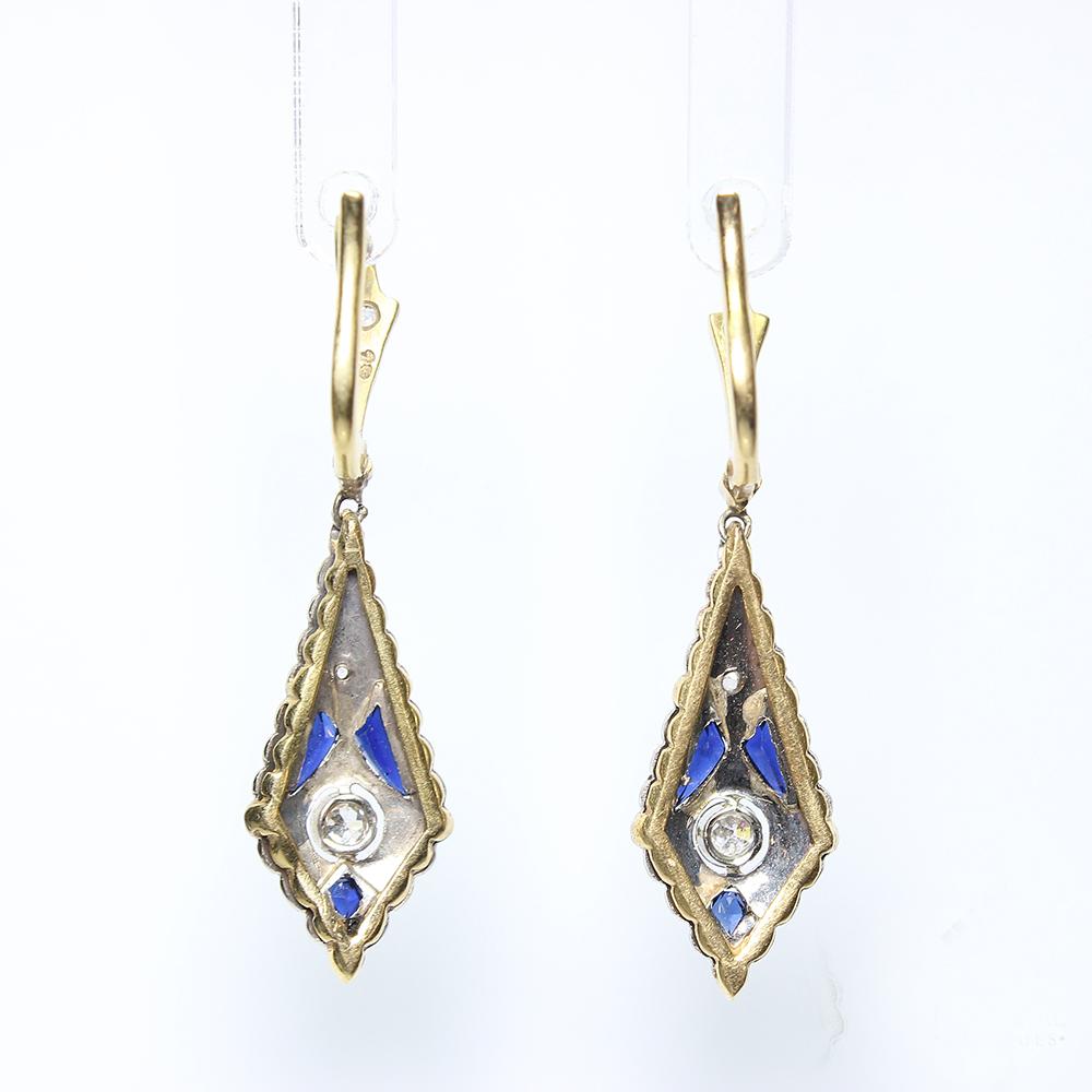 Old Mine Cut Antique Art Deco 18 Karat Gold Diamond and Sapphire Earrings