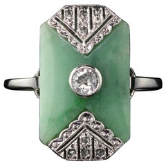 Antique Art Deco 18 Karat White Gold Diamond and Jade Shield Ring