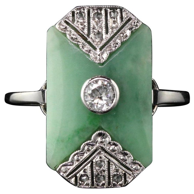 Antique Art Deco 18 Karat White Gold Diamond and Jade Shield Ring at ...