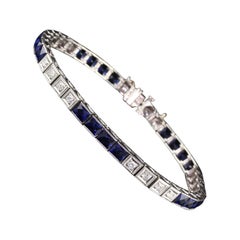 Antique Art Deco 18 Karat White Gold Diamond and Sapphire Line Bracelet