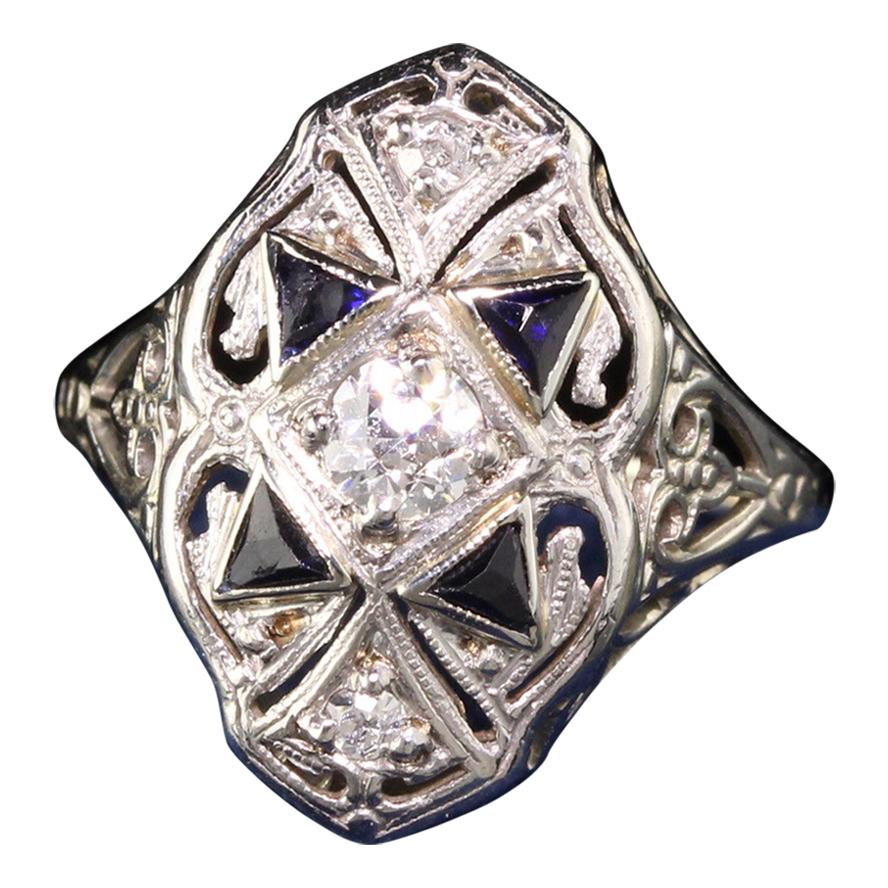 Antique Art Deco 18 Karat White Gold Diamond and Sapphire Shield Ring For Sale