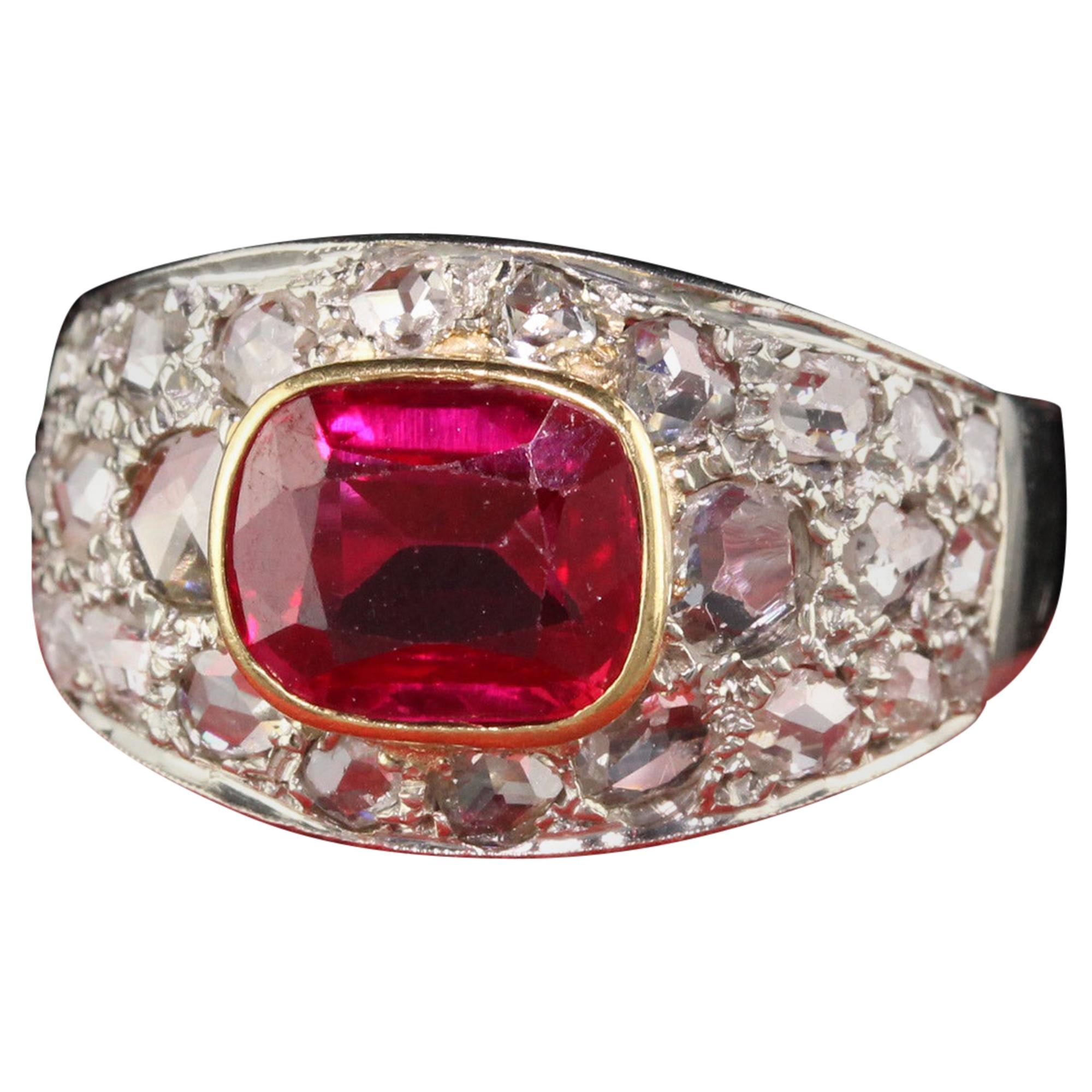 Antique Art Deco 18 Karat White Gold Rose Cut Diamond and Ruby Ring