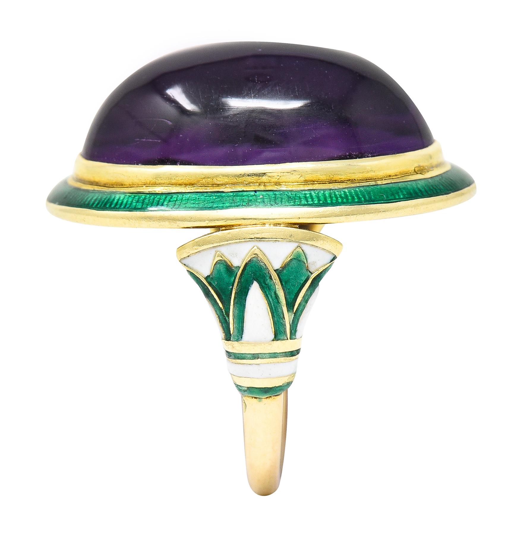 Antique Art Deco 18 Karat Yellow Egyptian Revival Amethyst Cabochon Enamel Ring 7