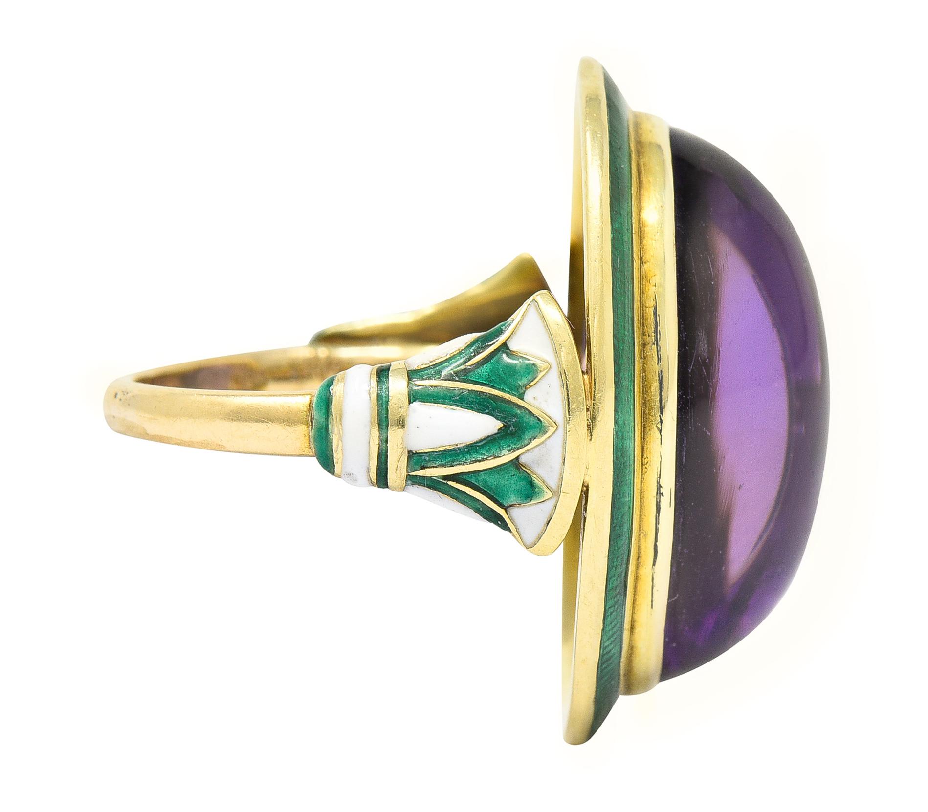 Women's or Men's Antique Art Deco 18 Karat Yellow Egyptian Revival Amethyst Cabochon Enamel Ring