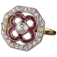 Antique Art Deco 18 Karat Yellow Gold Diamond and Ruby Engagement Ring