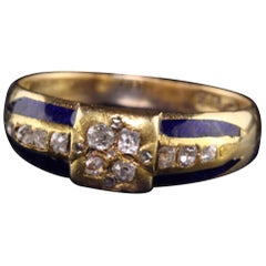 Antique Art Deco 18 Karat Yellow Gold Old Mine Cut Diamond Enamel Ring
