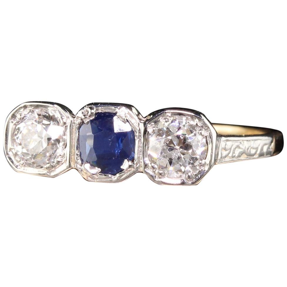 Antique Art Deco 18 Karat Yellow Gold Platinum Diamond Sapphire Three-Stone Ring