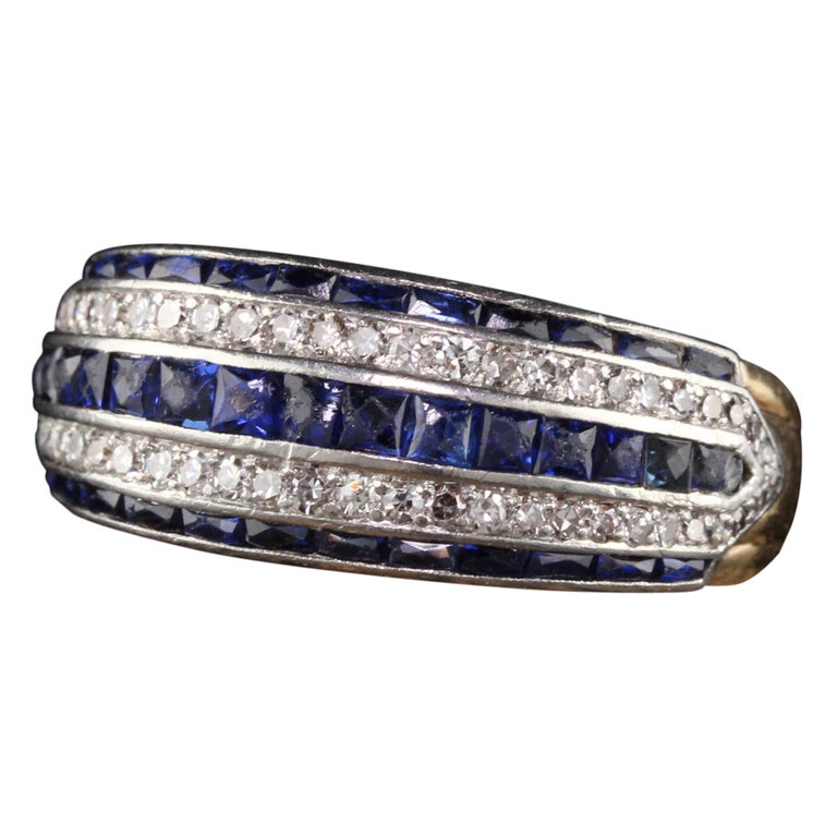 Antique Art Deco 18 Karat Yellow Gold Platinum French Cut Sapphire ...