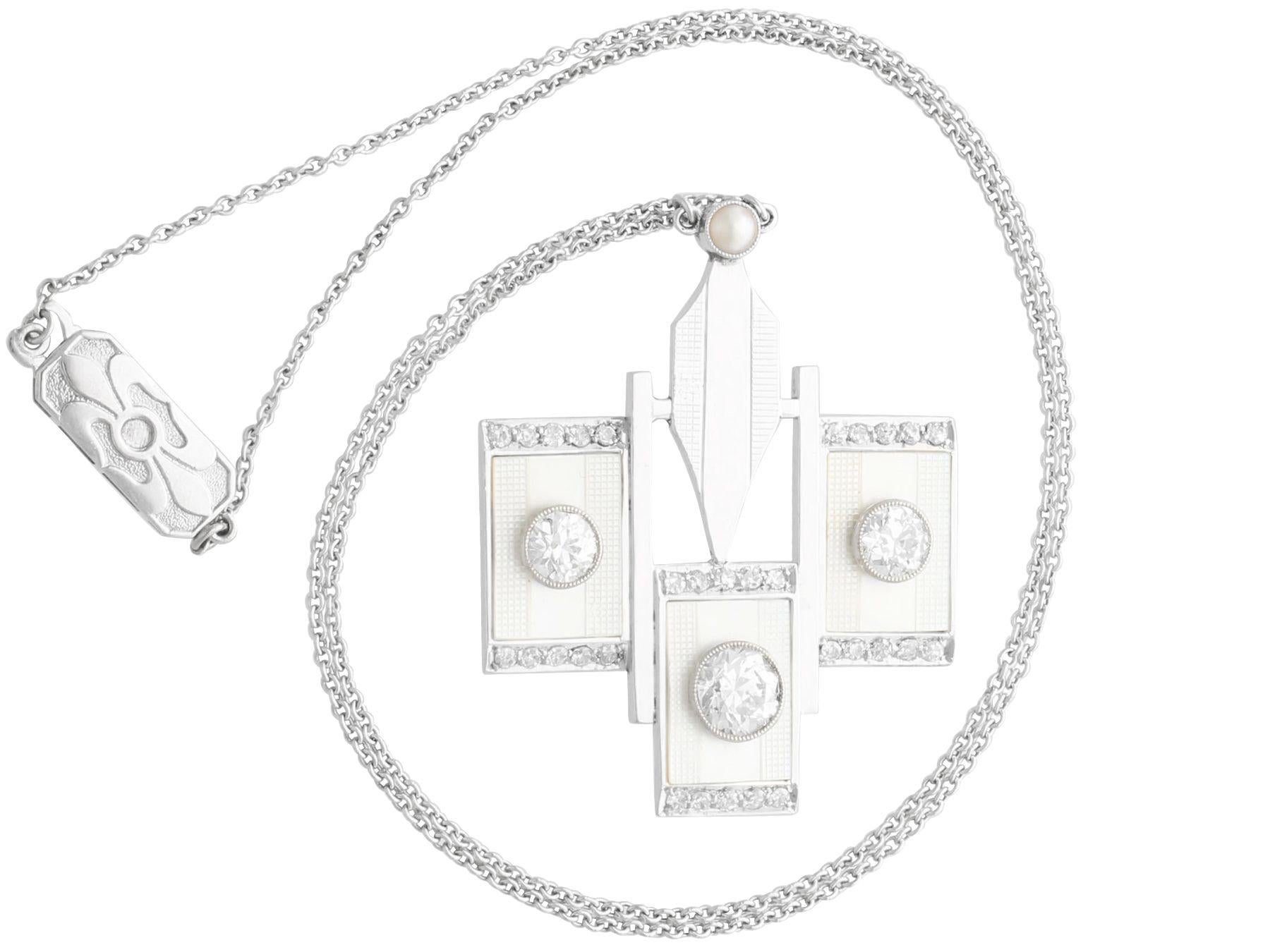 Art Deco 1.87 Carat Diamond Mother of Pearl White Gold Pendant For Sale 1