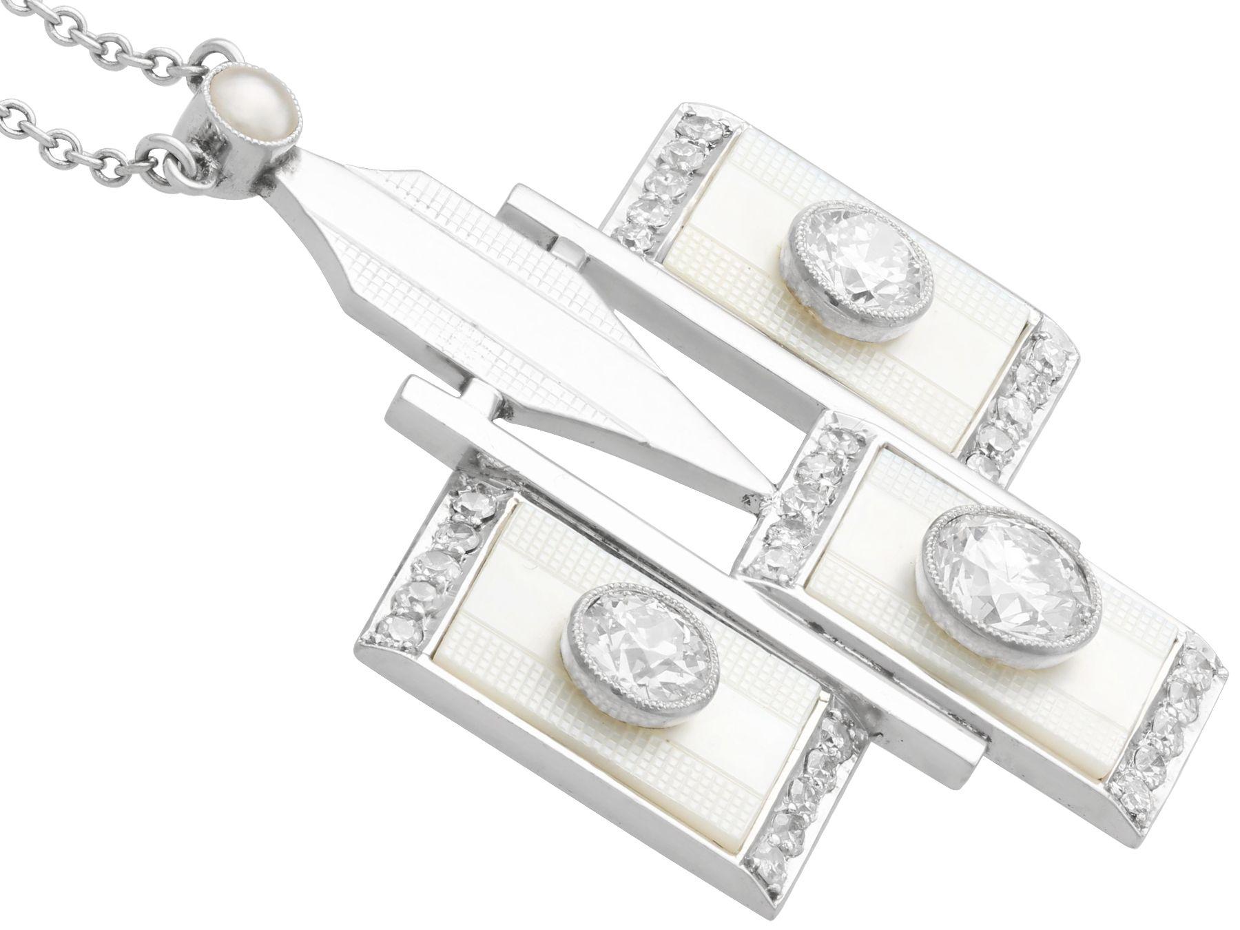 Art Deco 1.87 Carat Diamond Mother of Pearl White Gold Pendant For Sale 2