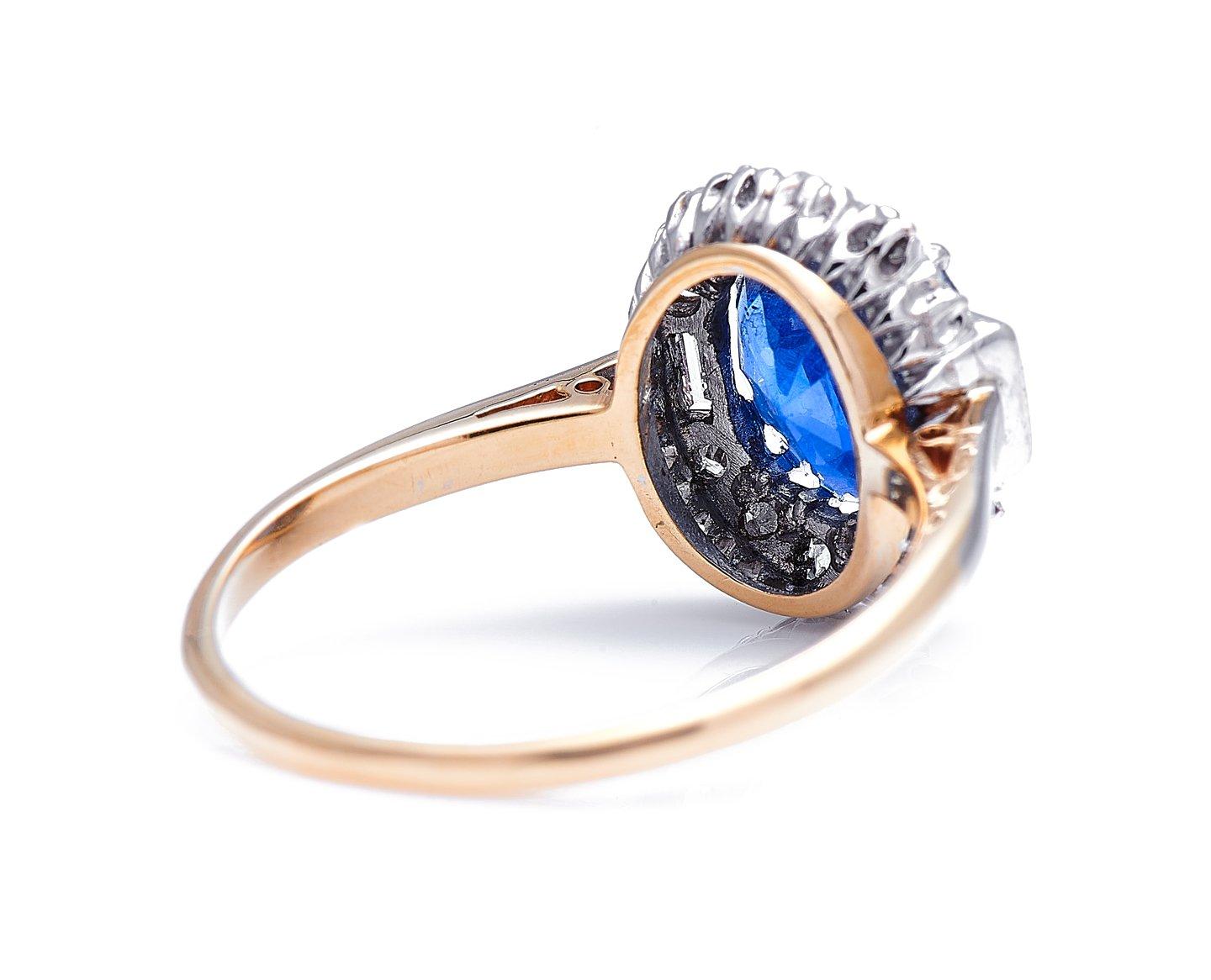 Antique, Art Deco, 18 Carat Gold, Burmese Sapphire and Diamond Cluster Ring In Excellent Condition For Sale In Rochford, Essex