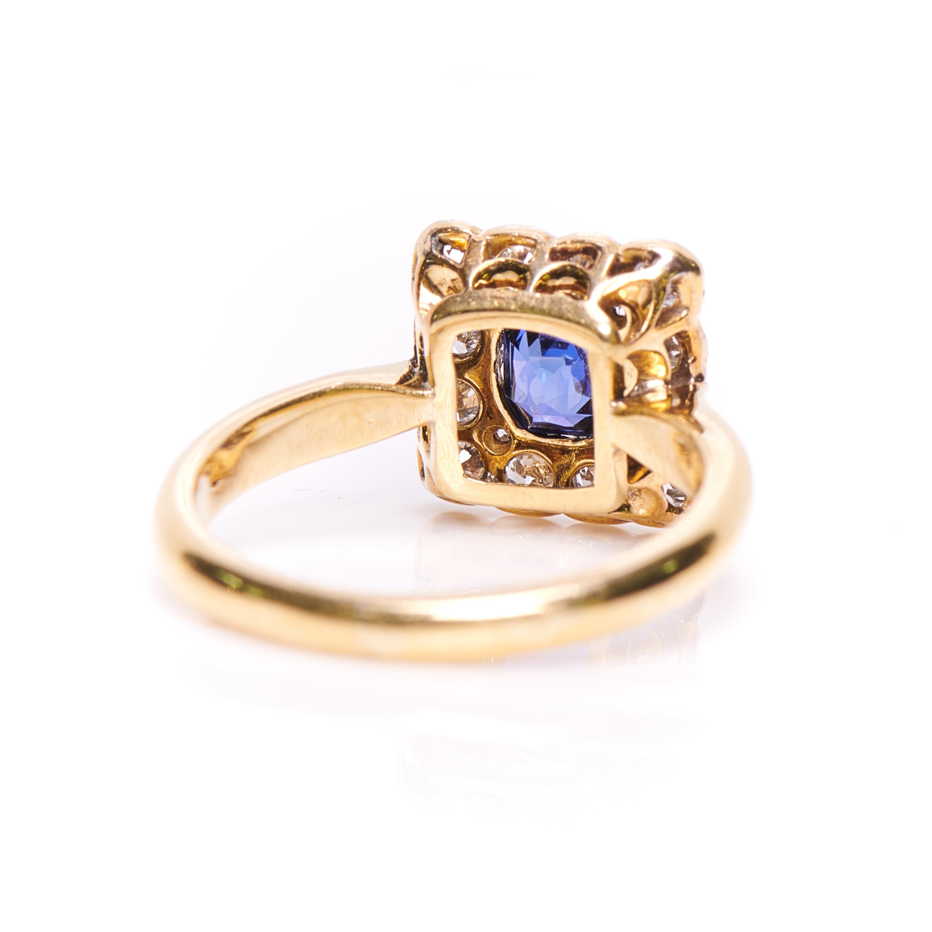 Cushion Cut Antique, Art Deco, 18 Carat Gold, Sapphire and Diamond Engagement Ring For Sale