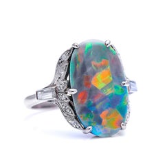 Antique, Art Deco, 18 Carat White Gold, Black Opal and Diamond Ring