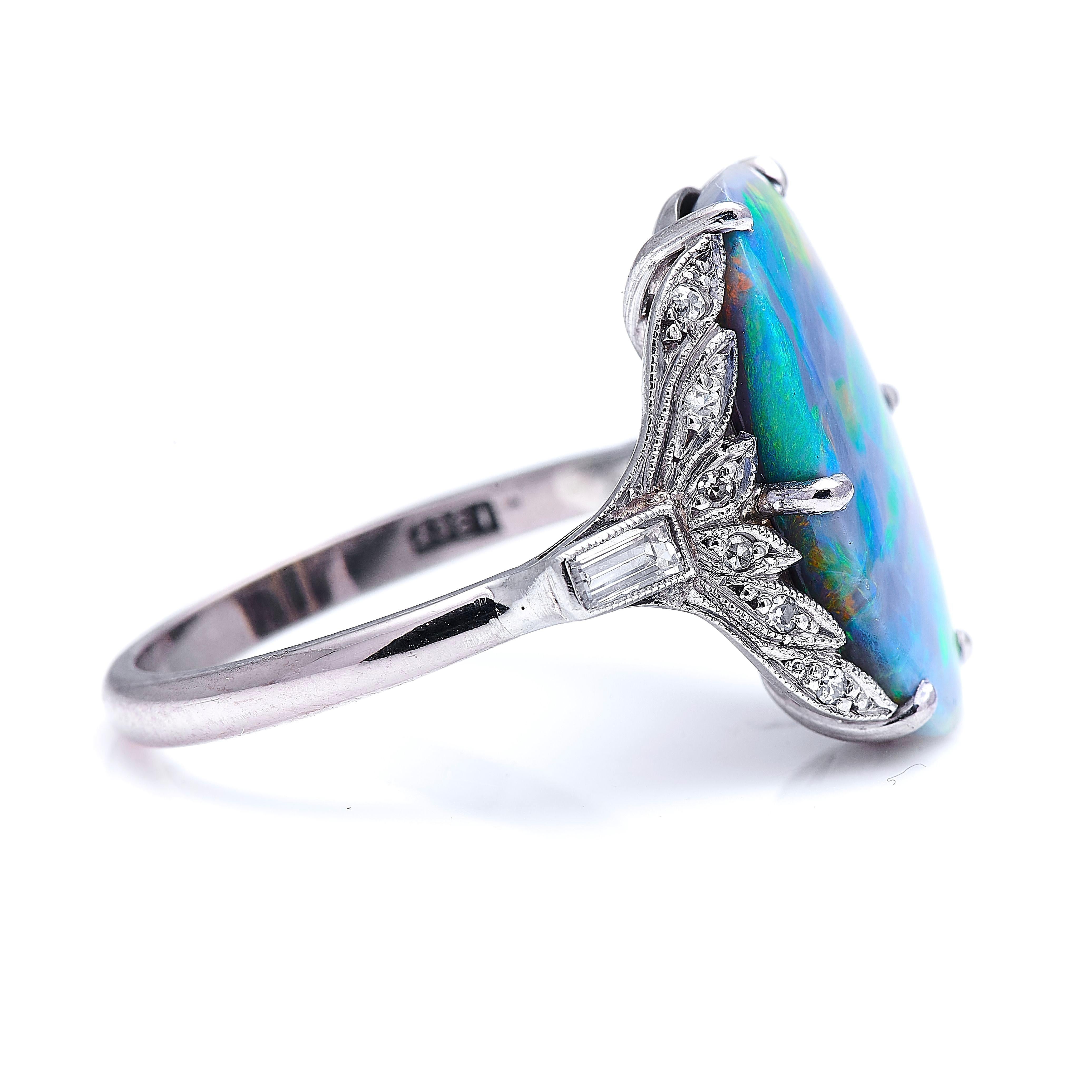 Antique, Art Deco, 18 Carat White Gold, Black Opal and Diamond Ring In Excellent Condition In Rochford, Essex