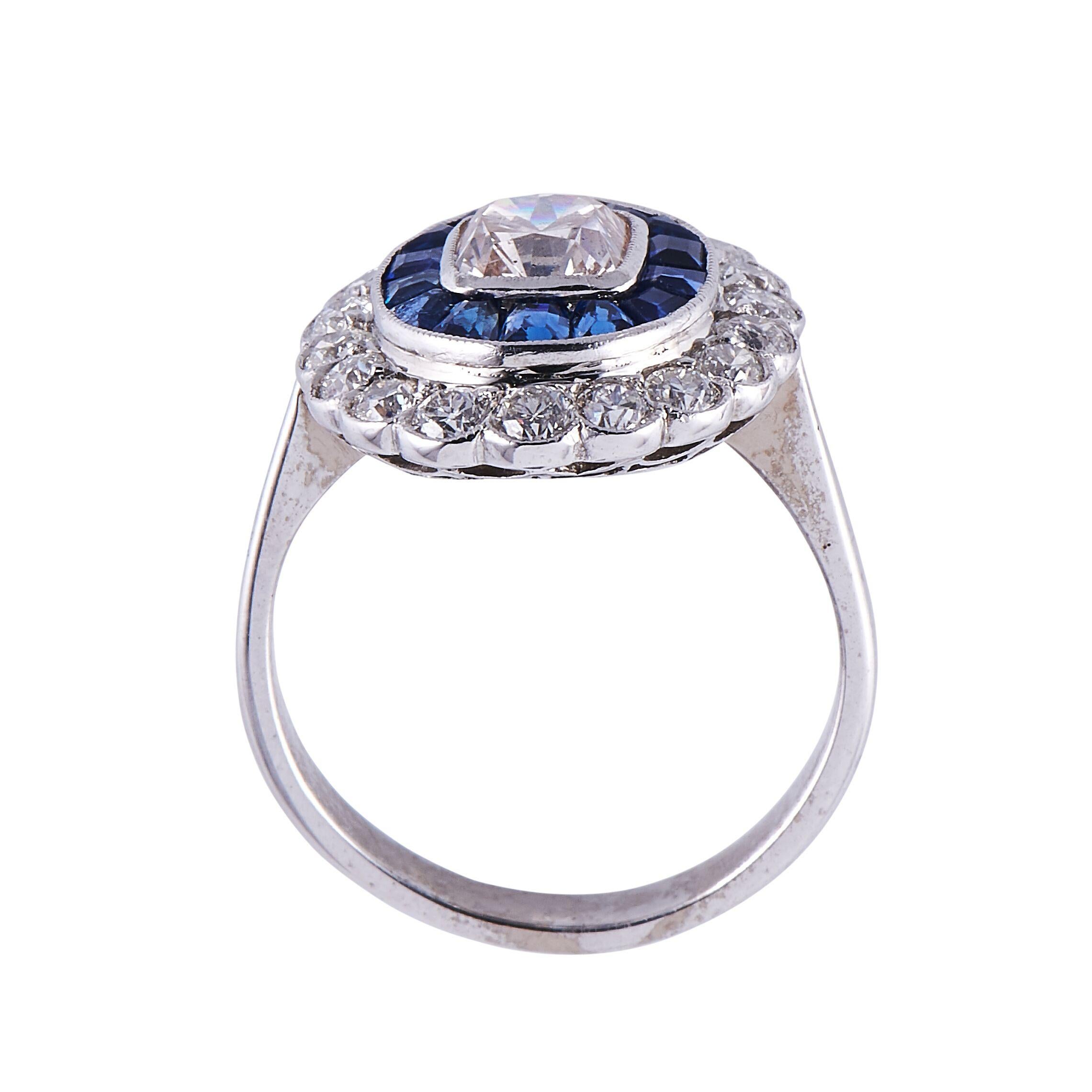 Art Deco, 18 Carat White Gold, Diamond and Sapphire Cluster Ring In Excellent Condition In Rochford, Essex