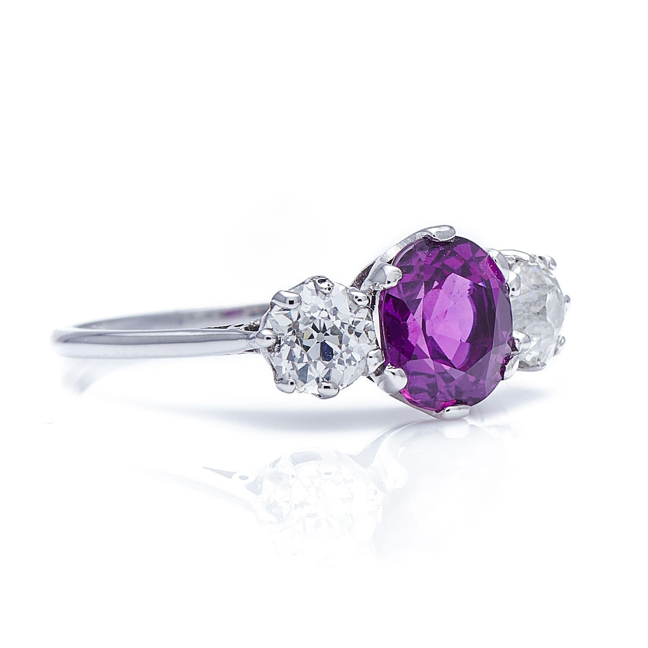 Purple sapphire and diamond ring, early 20th century. Sapphires are found in a rainbow of colours aside from the famous blue. The exception is red, when they’re known as rubies. This unusual sapphire is almost exactly halfway between a classic blue
