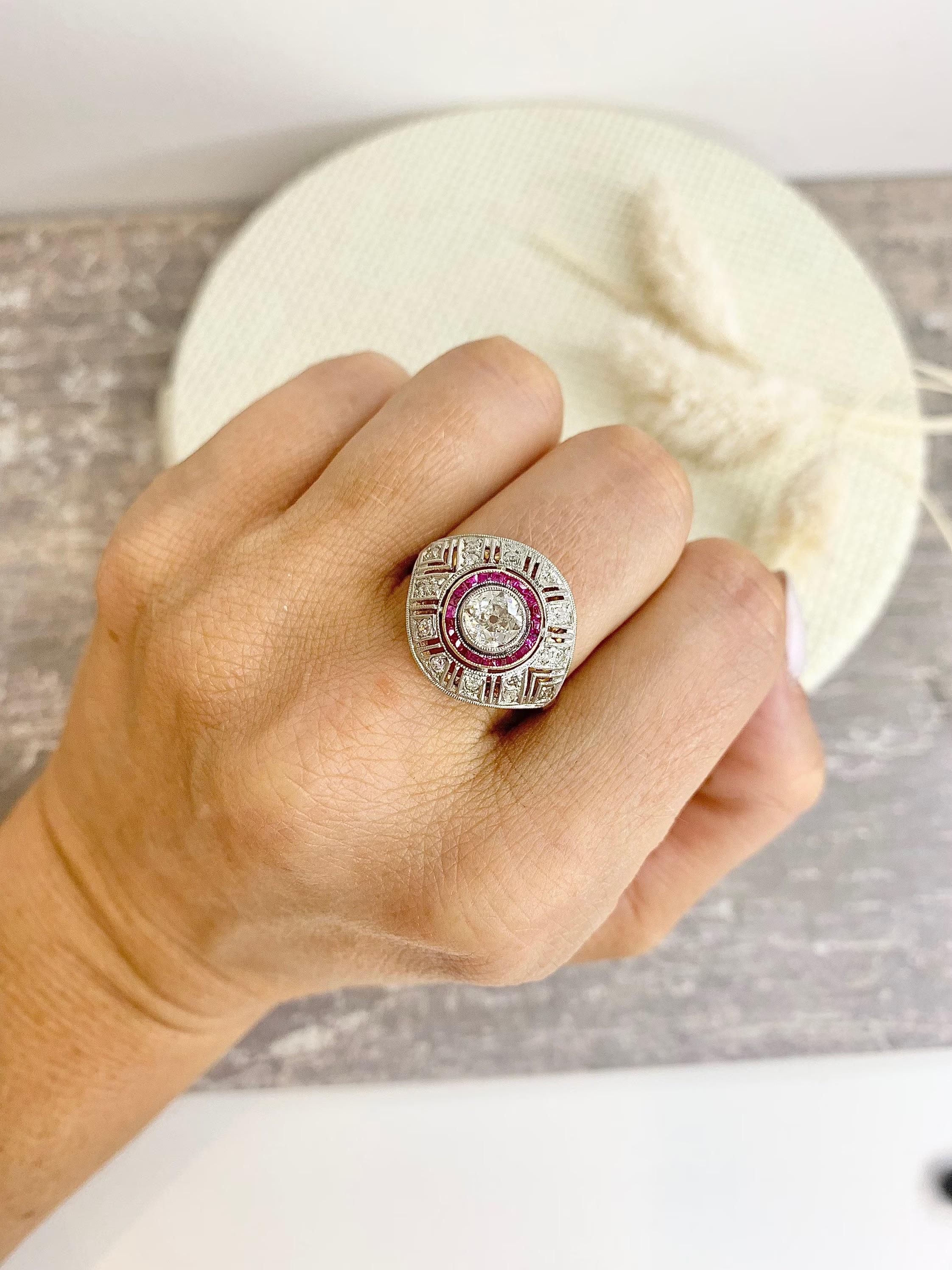 Old European Cut Antique Art Deco 18ct Yellow And White Gold Ruby And Diamond Target Ring For Sale
