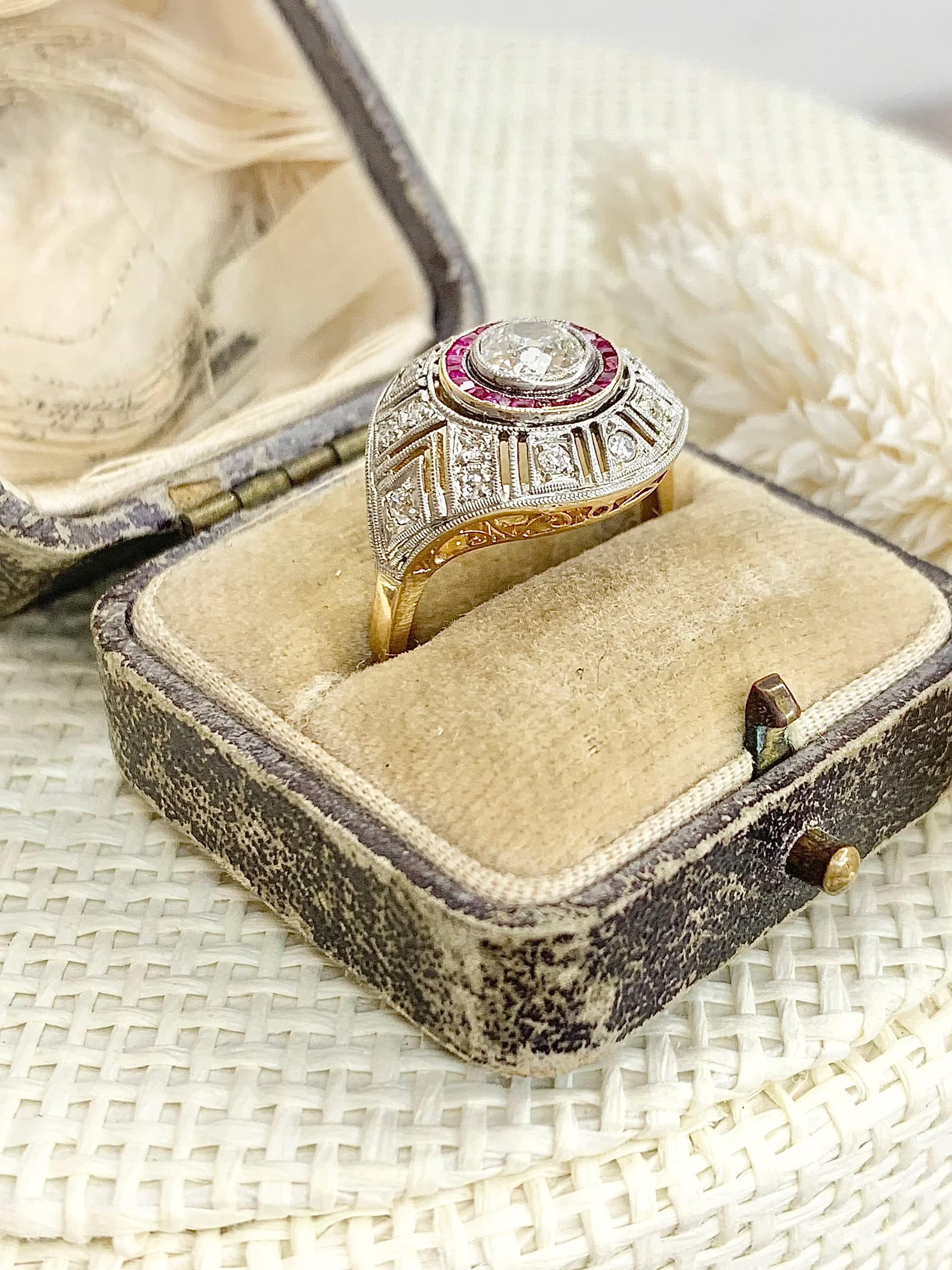 Women's or Men's Antique Art Deco 18ct Yellow And White Gold Ruby And Diamond Target Ring For Sale