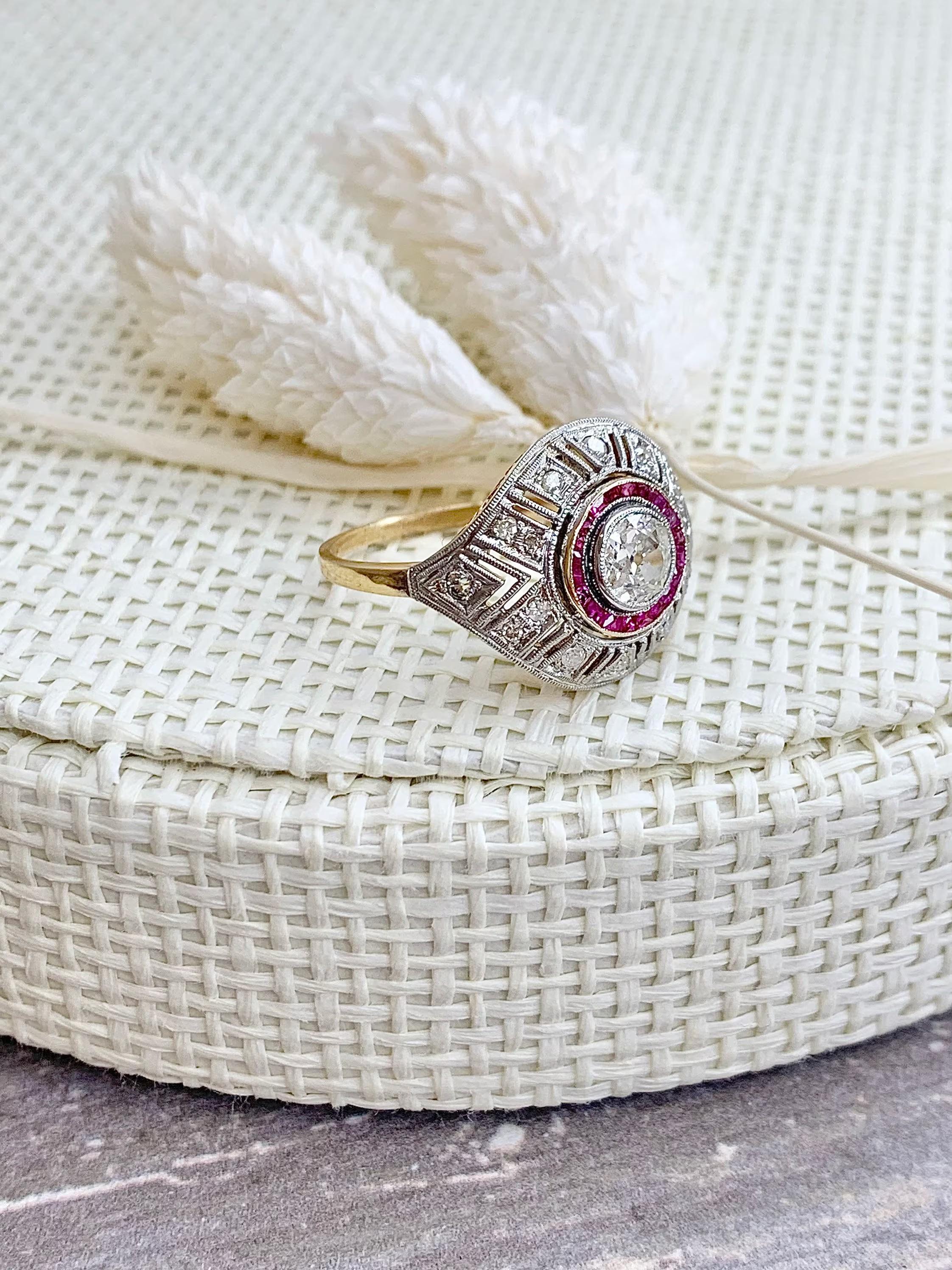 Antique Art Deco 18ct Yellow And White Gold Ruby And Diamond Target Ring For Sale 3