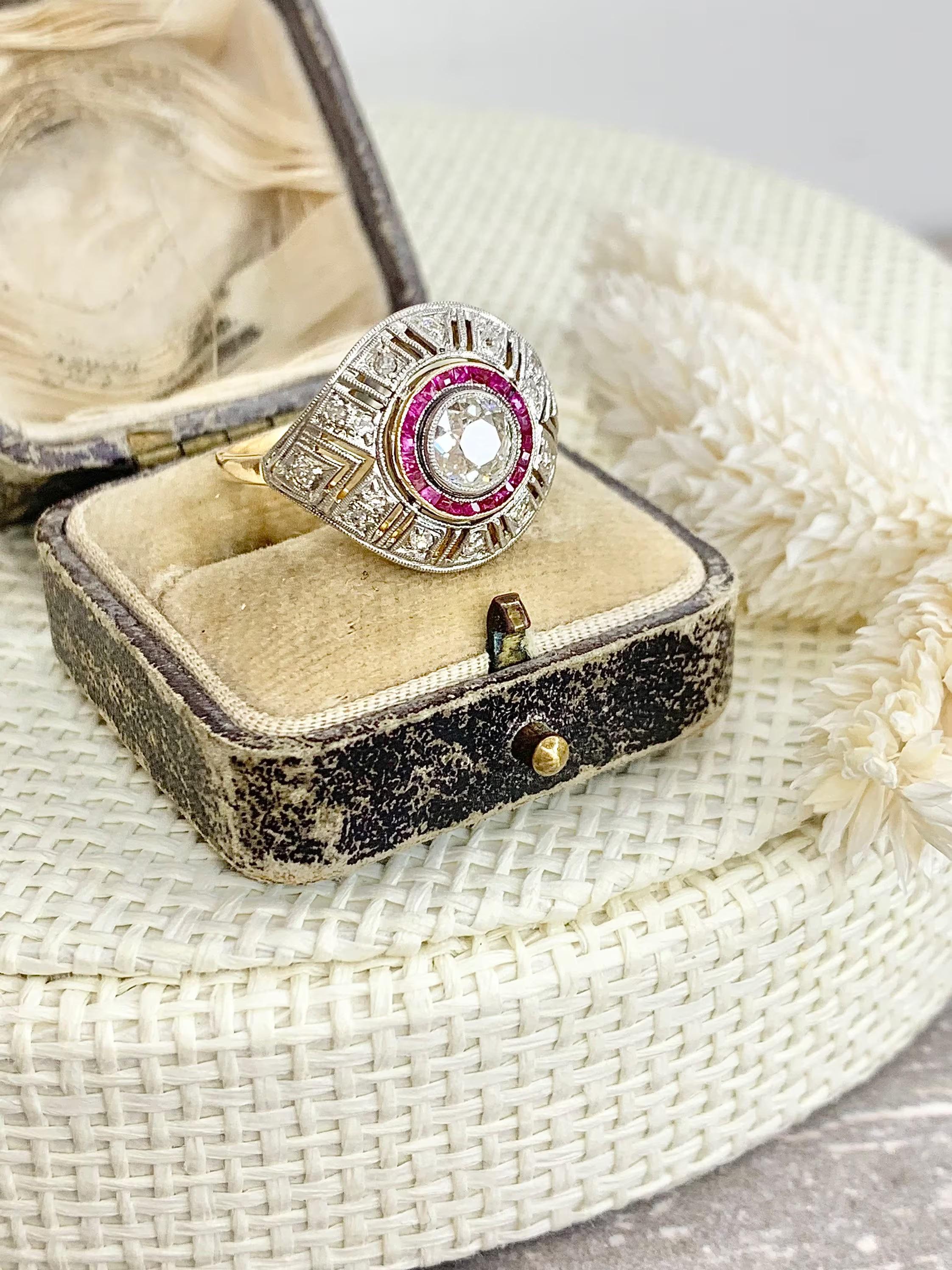 Antique Art Deco 18ct Yellow And White Gold Ruby And Diamond Target Ring For Sale 4