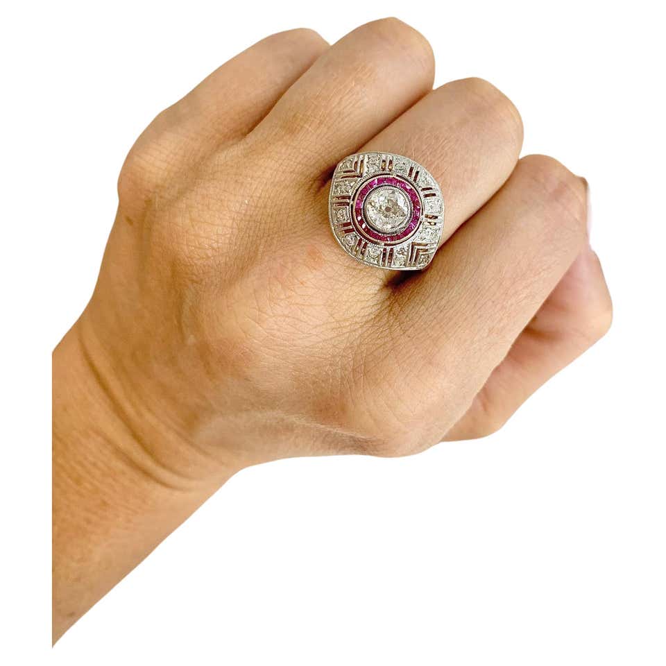 Vintage 18ct White Gold Triple Row, Ruby and Diamond Target Ring For ...