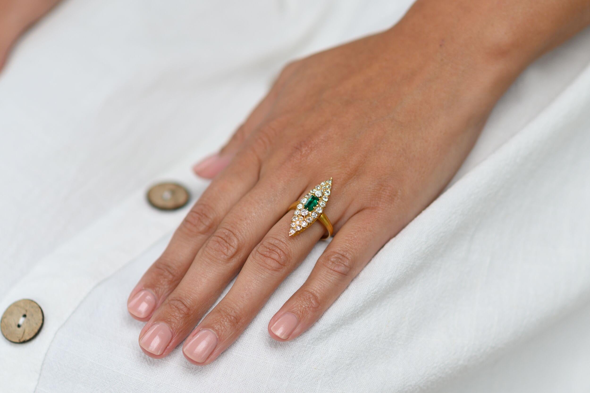 Women's Antique, Art Deco, 18ct Yellow Gold, Emerald and Diamond Marquise Cluster Ring For Sale