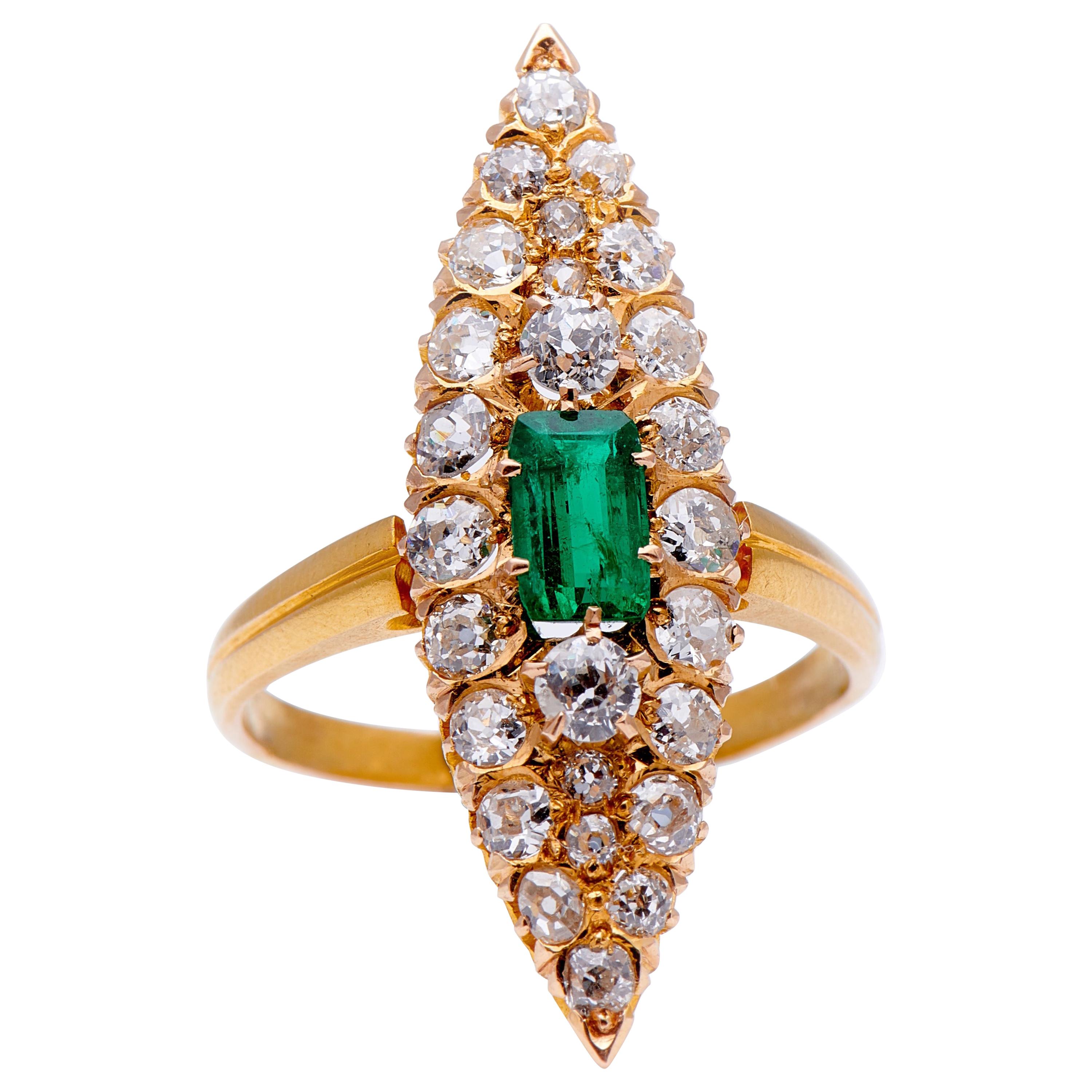 Antique, Art Deco, 18ct Yellow Gold, Emerald and Diamond Marquise Cluster Ring For Sale