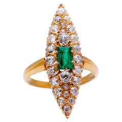 Antique, Art Deco, 18ct Yellow Gold, Emerald and Diamond Marquise Cluster Ring