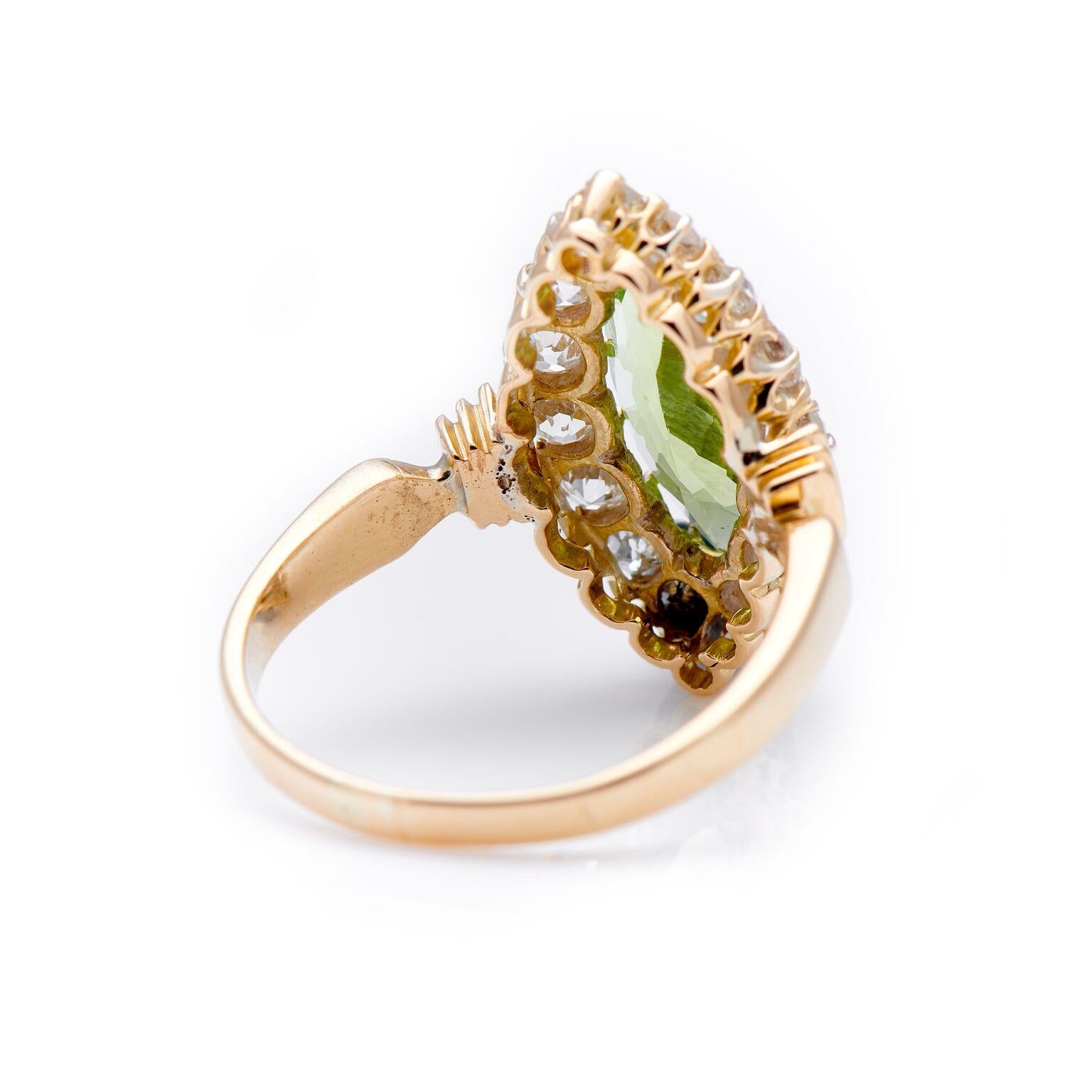 Marquise Cut Antique, Art Deco 18 Carat Yellow Gold Peridot and Diamond Marquise Cluster Ring