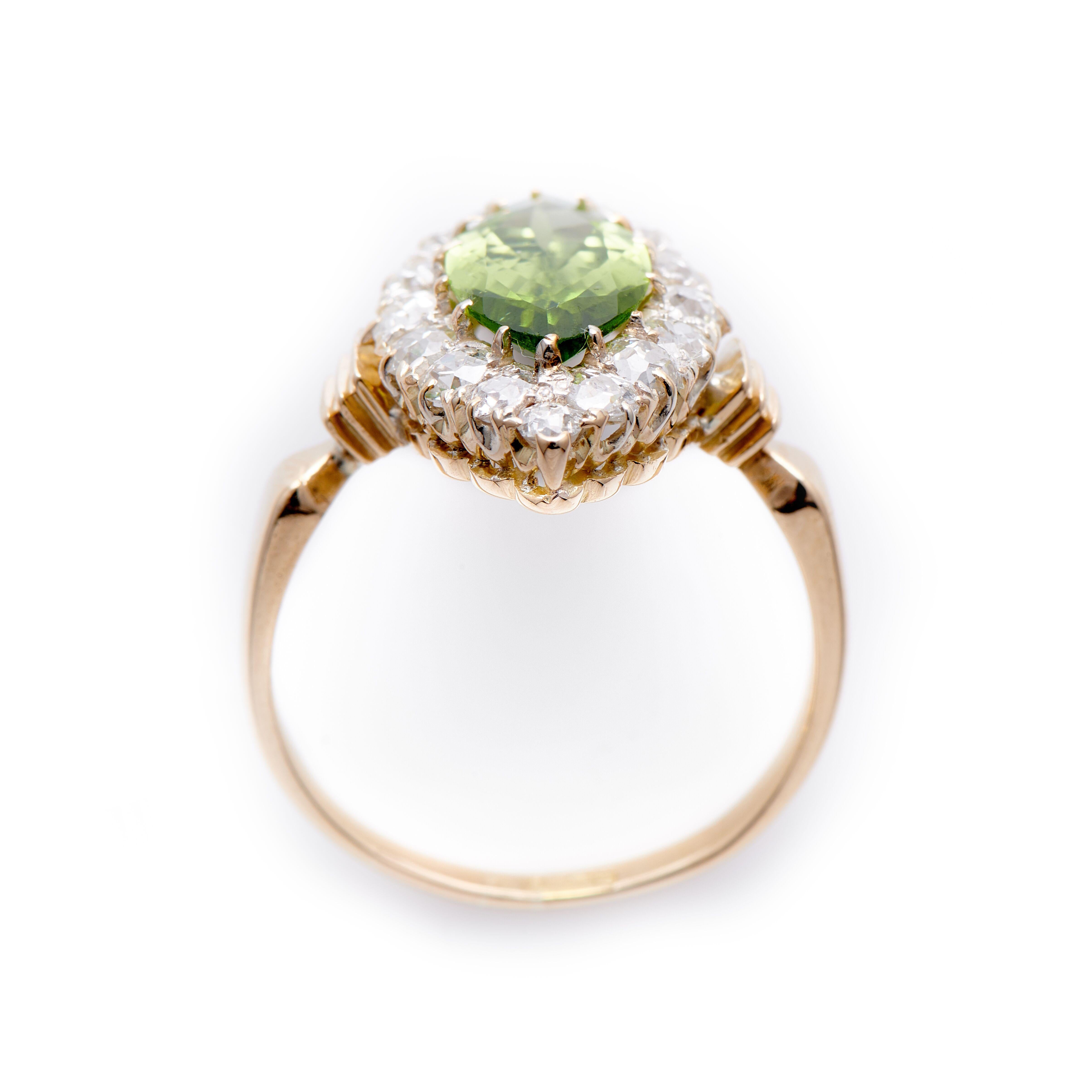 Antique, Art Deco 18 Carat Yellow Gold Peridot and Diamond Marquise Cluster Ring In Excellent Condition In Rochford, Essex