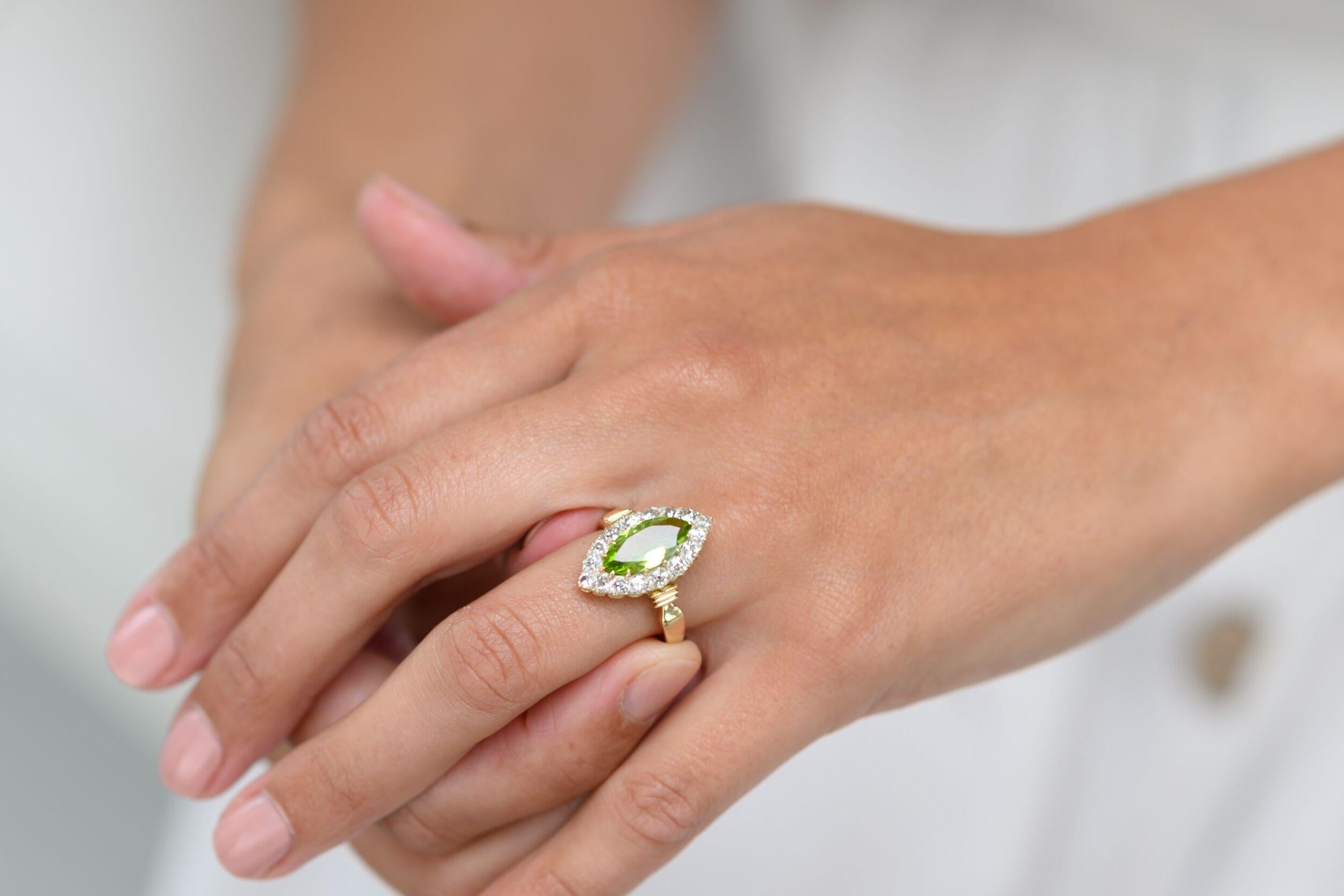 Antique, Art Deco 18 Carat Yellow Gold Peridot and Diamond Marquise Cluster Ring 1