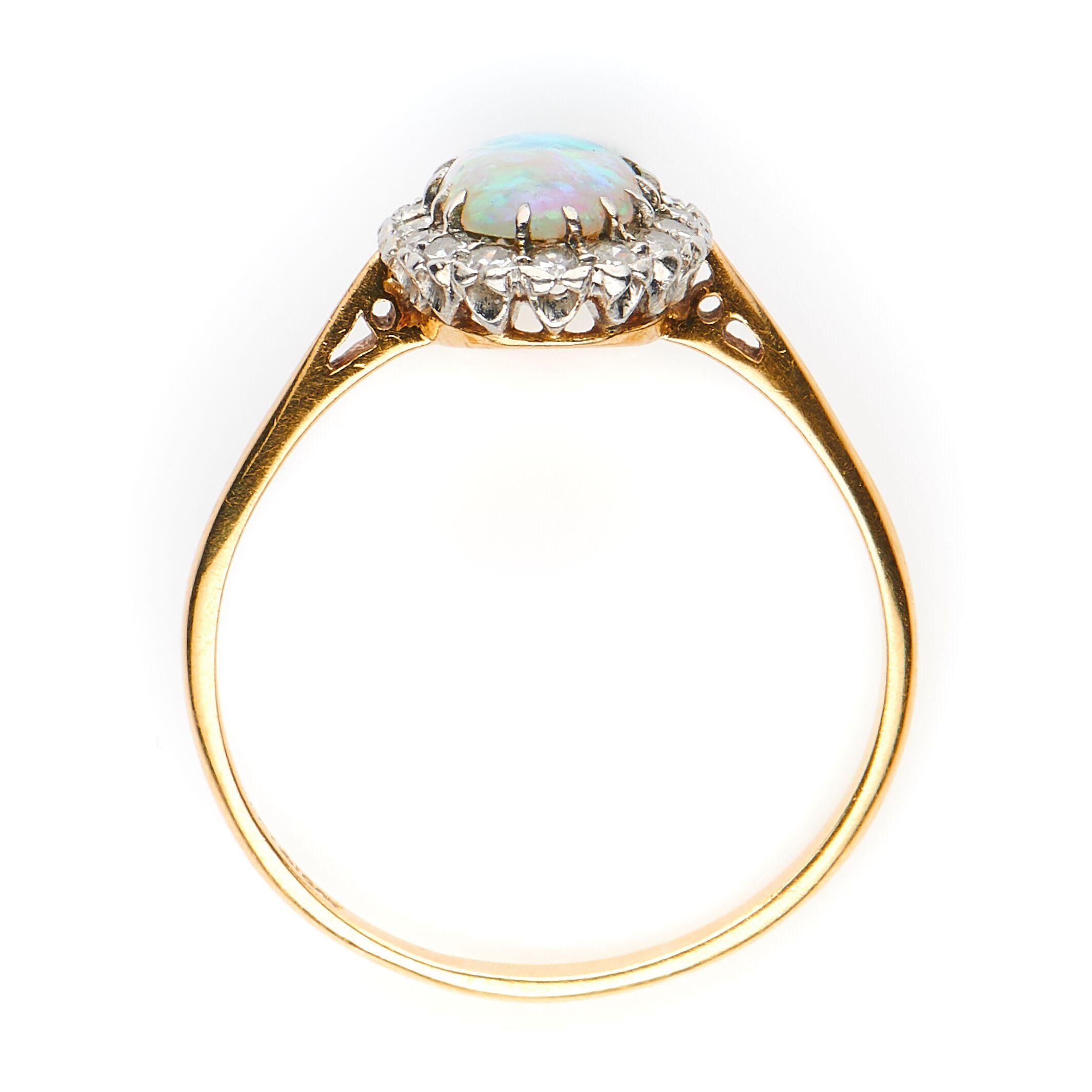 Antique, Art Deco, 18 Carat Yellow Gold, Platinum, Opal and Diamond Cluster Ring In Excellent Condition In Rochford, Essex