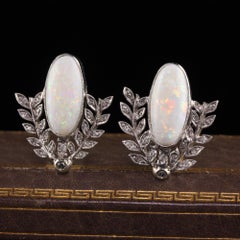 Antique Art Deco 18k/10k White Gold Opal and Diamond Wreath Earrings