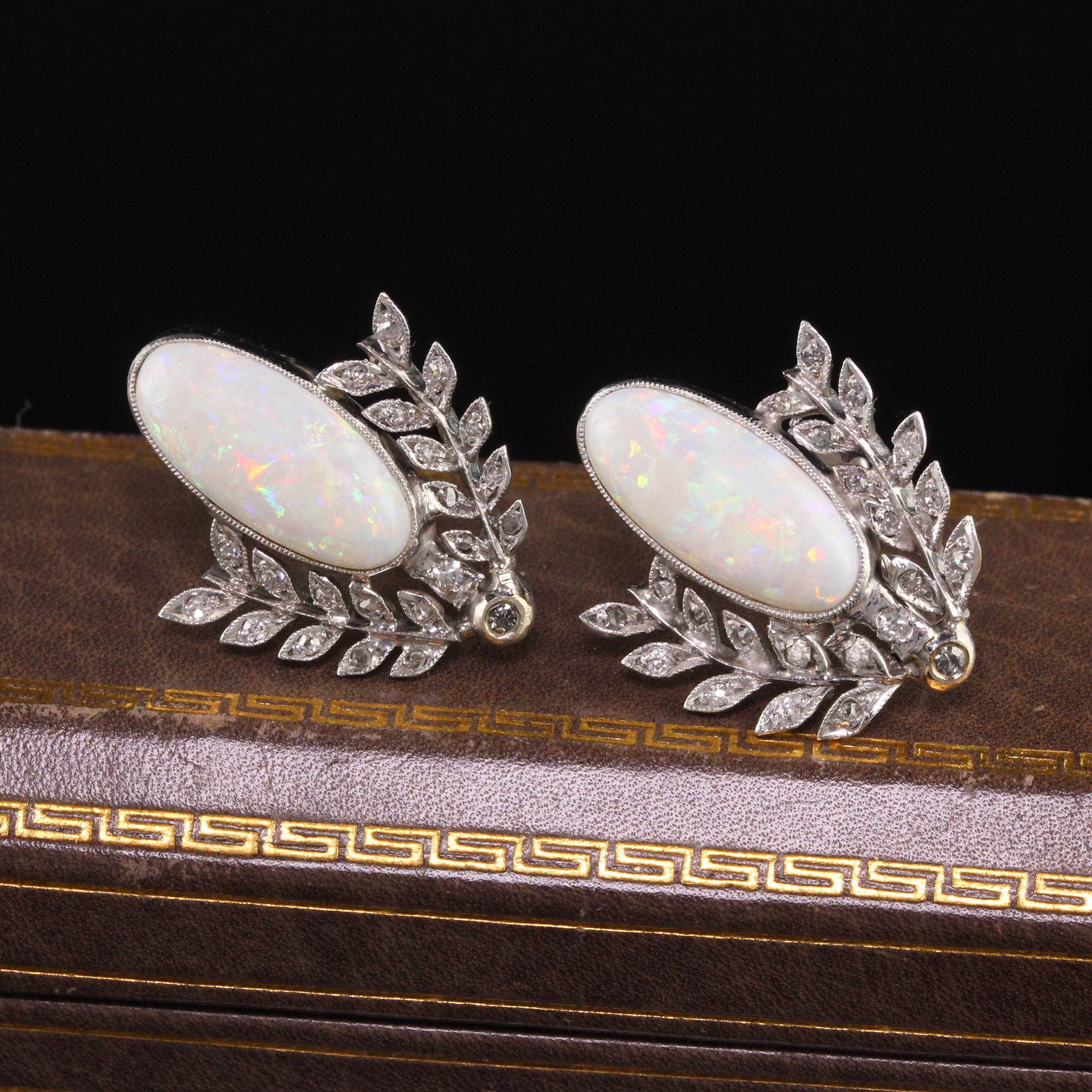 Antique Art Deco 18k/10k White Gold Opal and Diamond Wreath Earrings In Good Condition For Sale In Great Neck, NY
