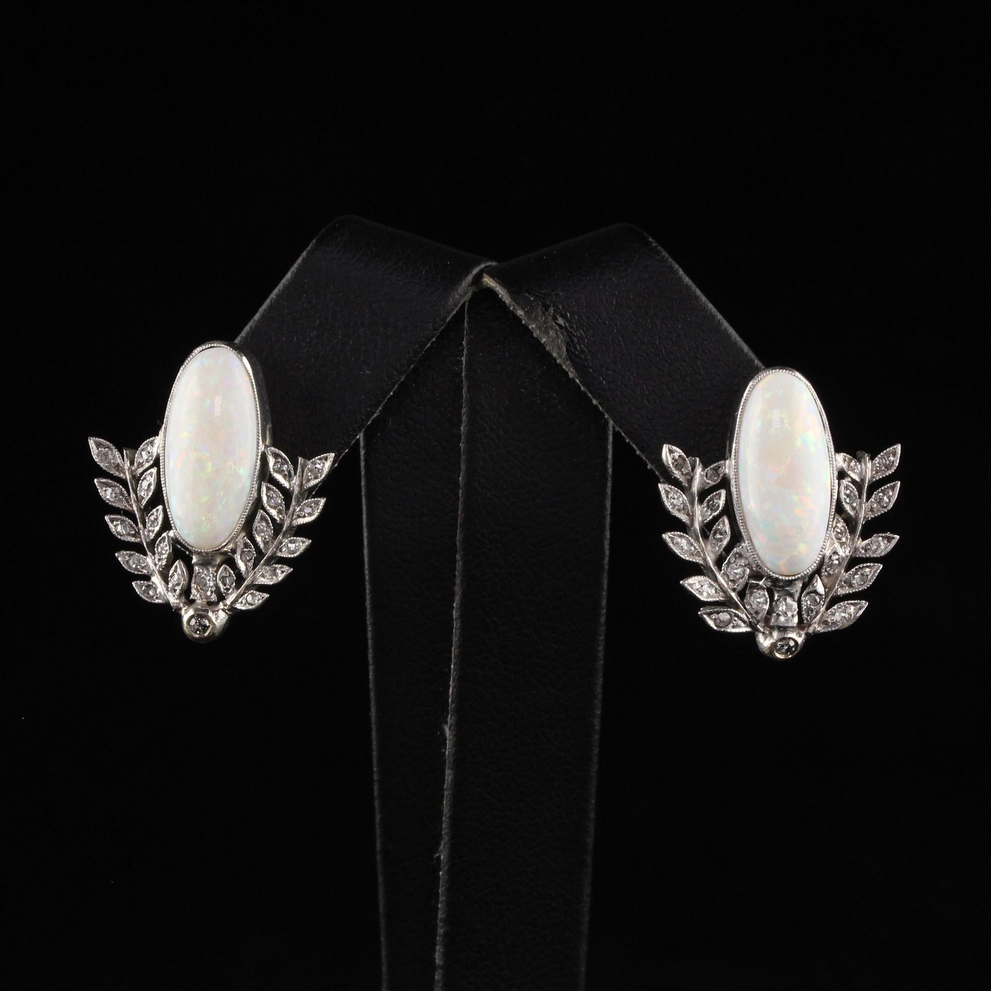 Women's Antique Art Deco 18k/10k White Gold Opal and Diamond Wreath Earrings For Sale