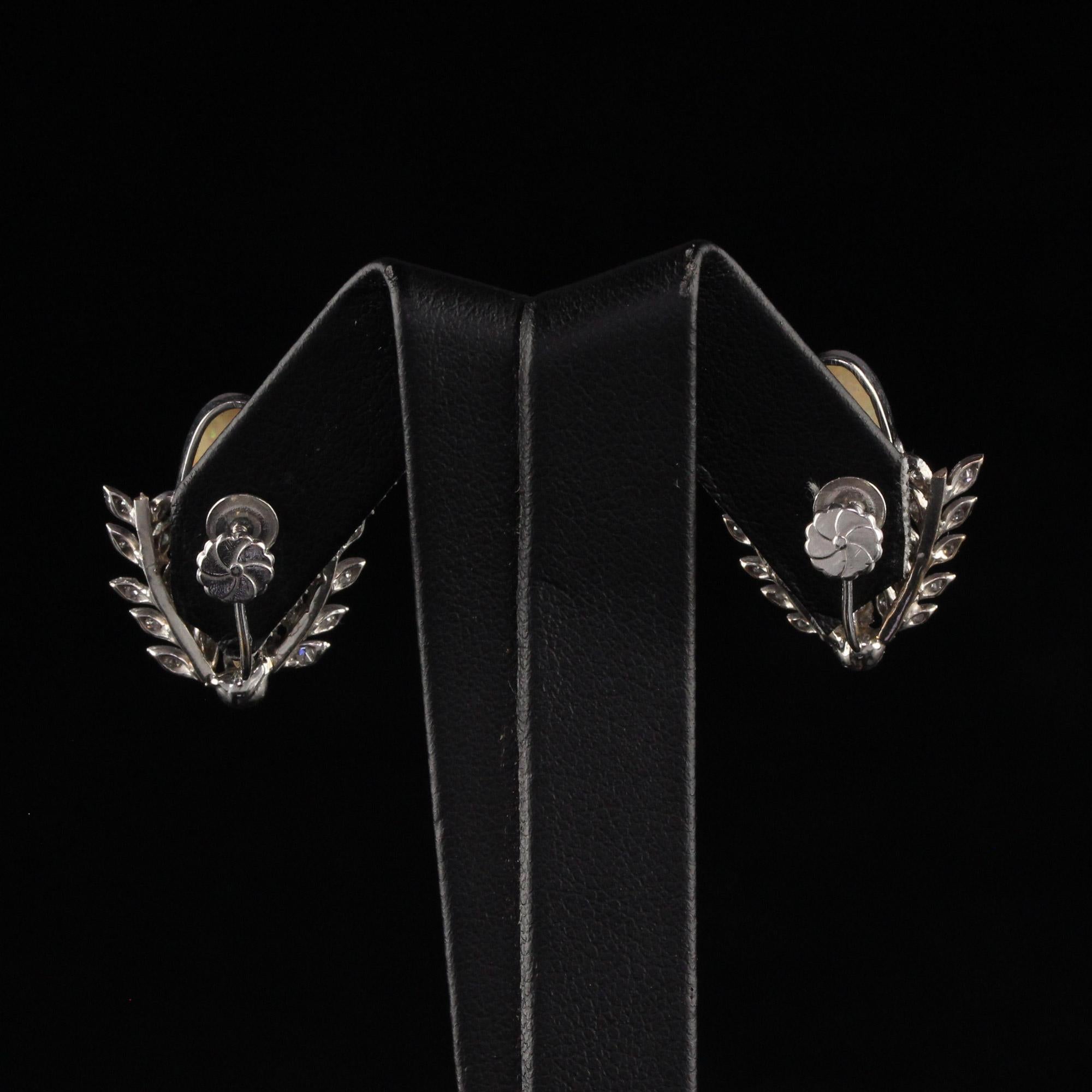 Antique Art Deco 18k/10k White Gold Opal and Diamond Wreath Earrings For Sale 2