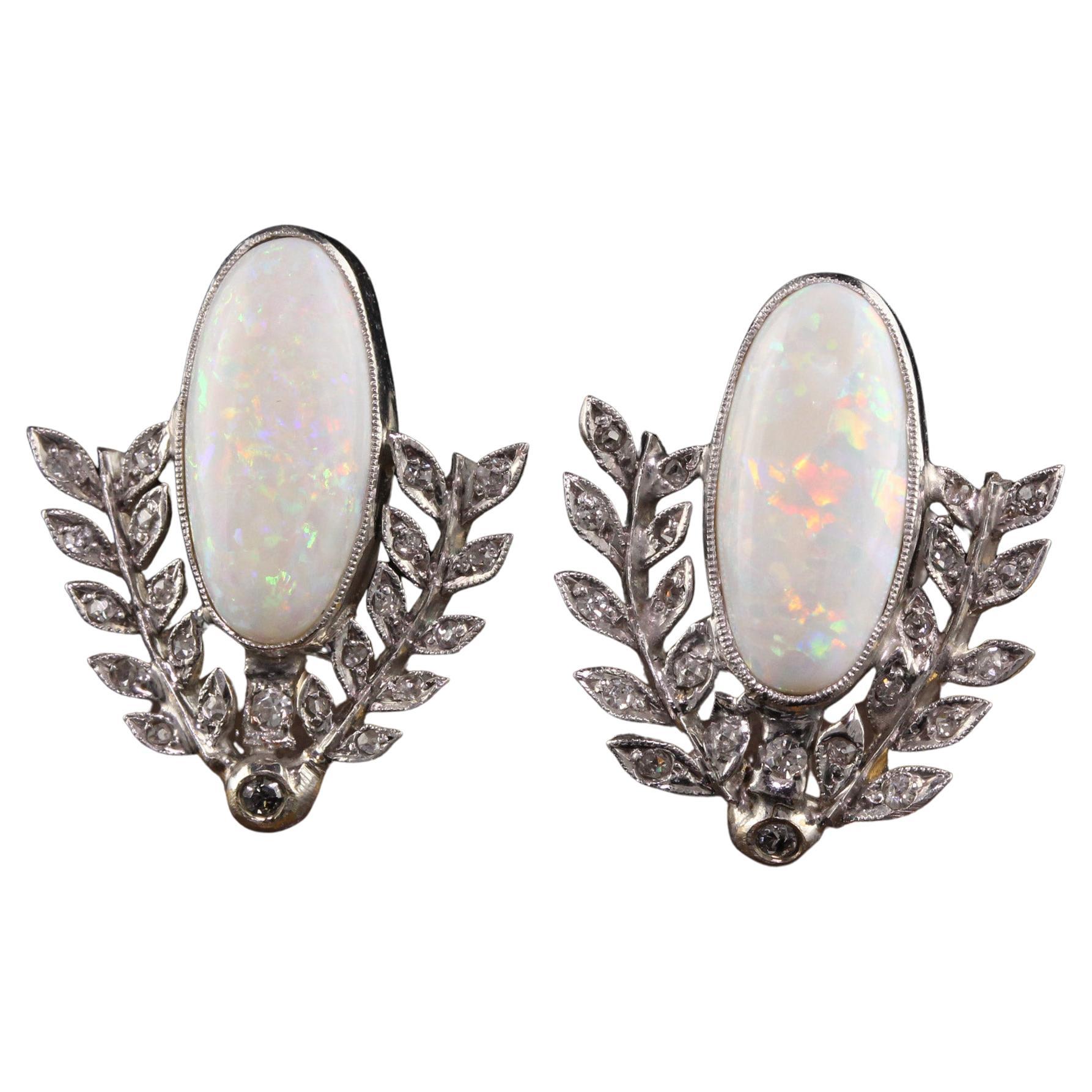Antique Art Deco 18k/10k White Gold Opal and Diamond Wreath Earrings For Sale