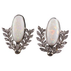 Antique Art Deco 18k/10k White Gold Opal and Diamond Wreath Earrings