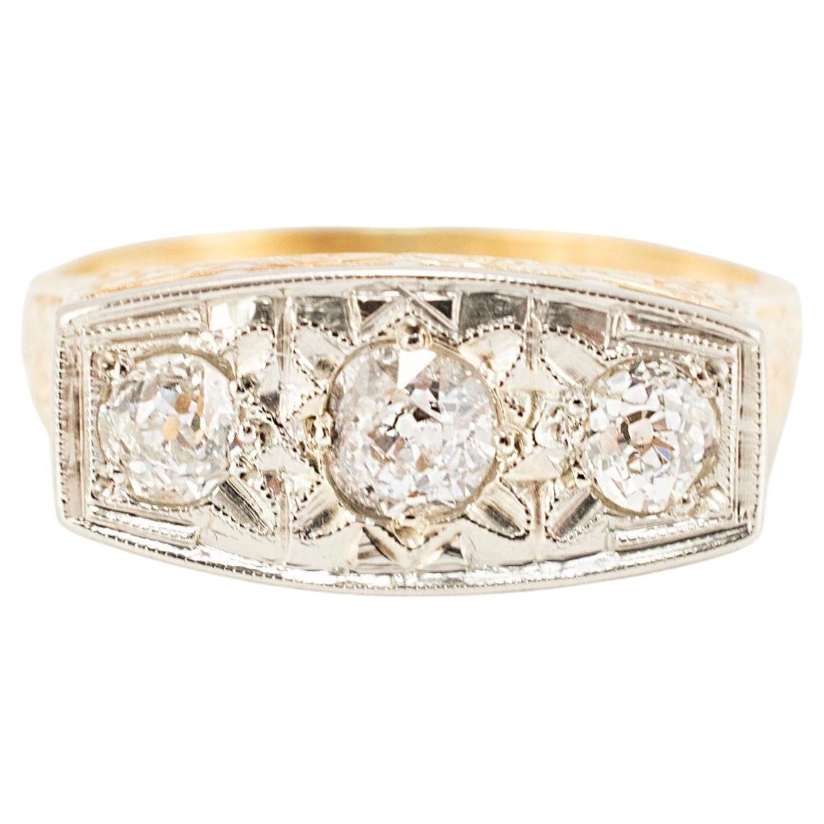 Antique Art Deco 18K & 14K Gold 0.70ct Old Diamond Three Stone Engagement Ring