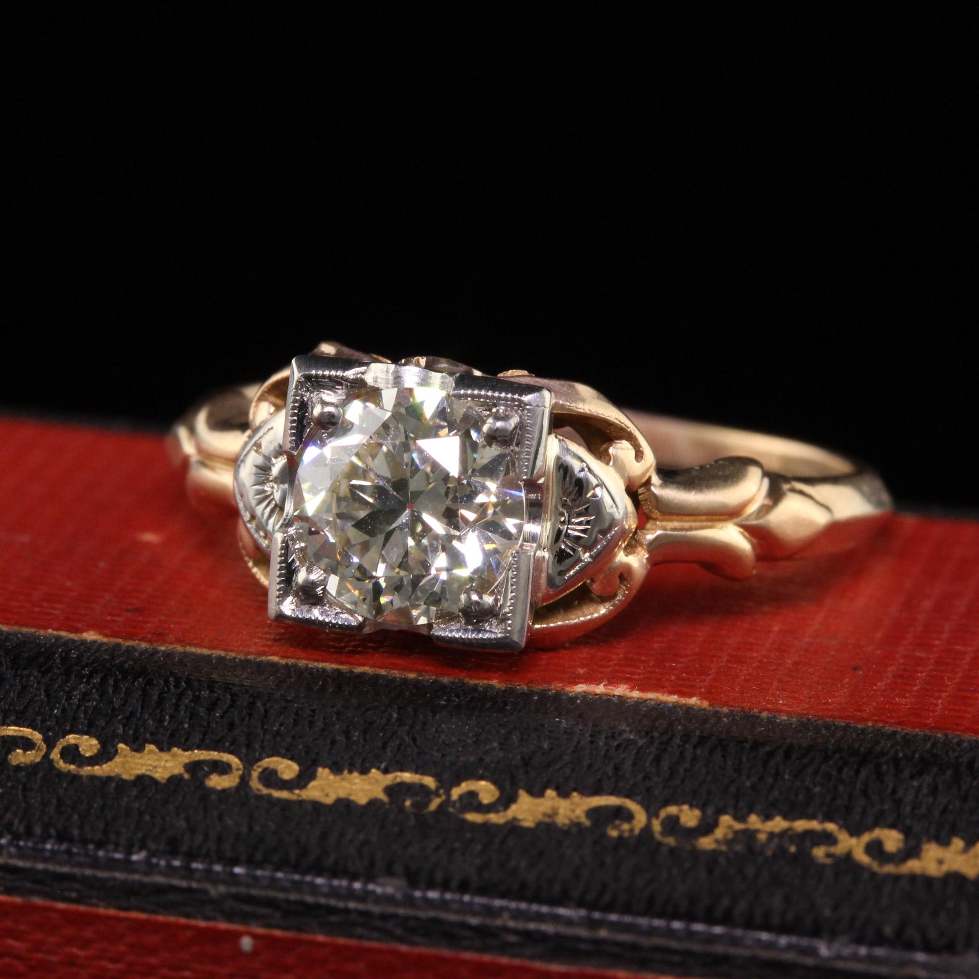 Beautiful Antique Art Deco 18K and 14K Yellow Gold Old Euro Diamond Engagement Ring. This gorgeous engagement ring is crafte din 18k yellow gold and 14k white gold. The center holds an old european cut diamond in a classic art deco mounting that