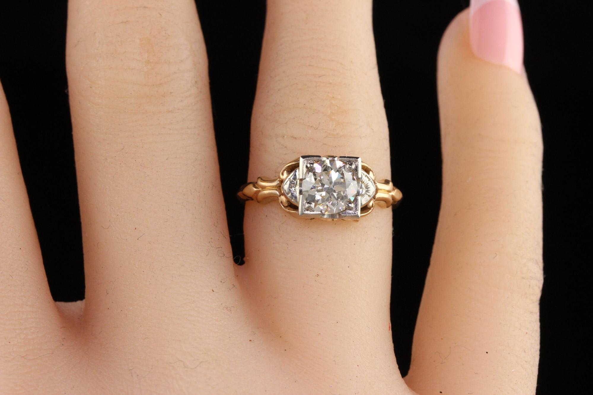 Antique Art Deco 18K and 14K Yellow Gold Old Euro Diamond Engagement Ring In Good Condition In Great Neck, NY