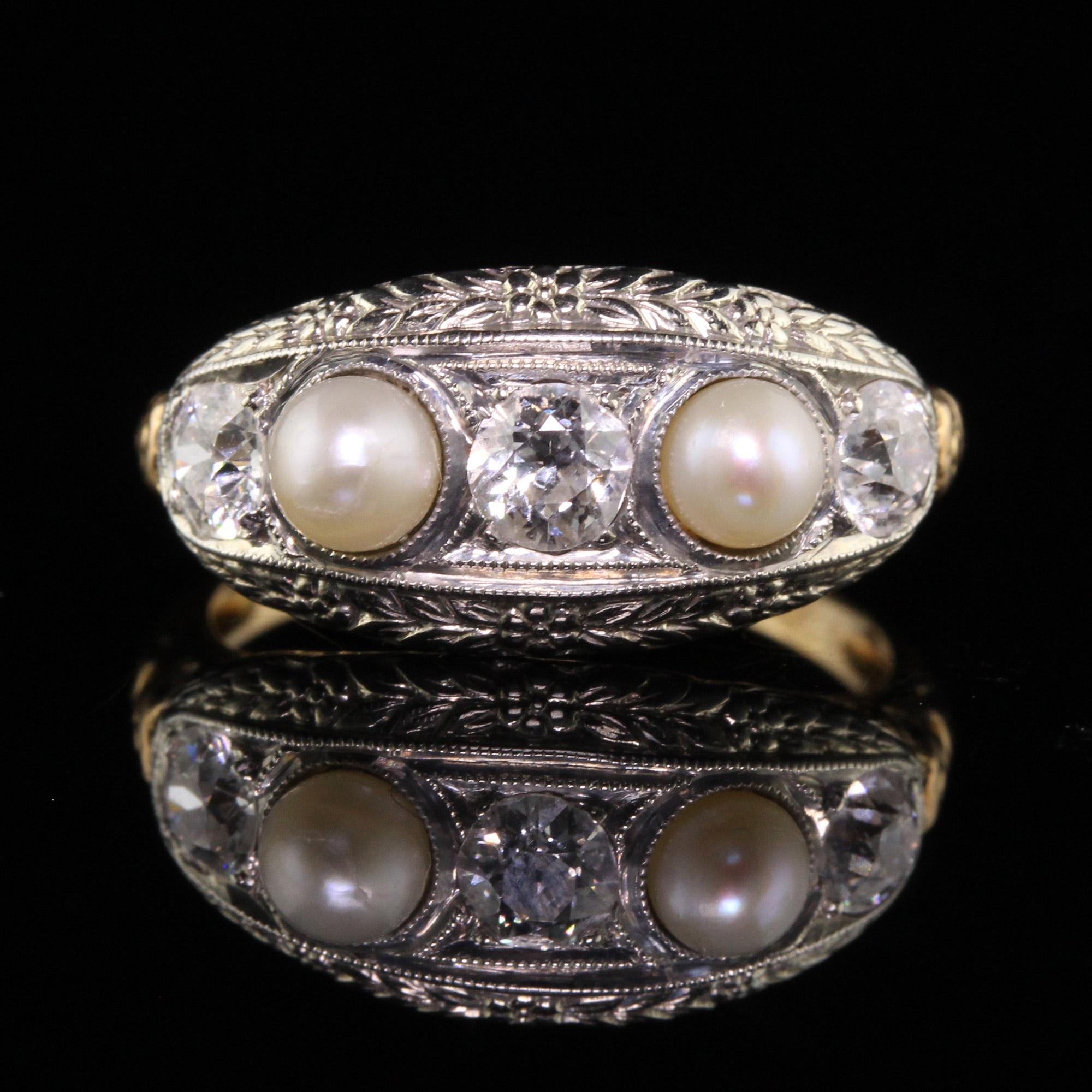 Antique Art Deco 18K and 14K Yellow Gold Old Euro Diamond Natural Pearl Ring In Good Condition For Sale In Great Neck, NY