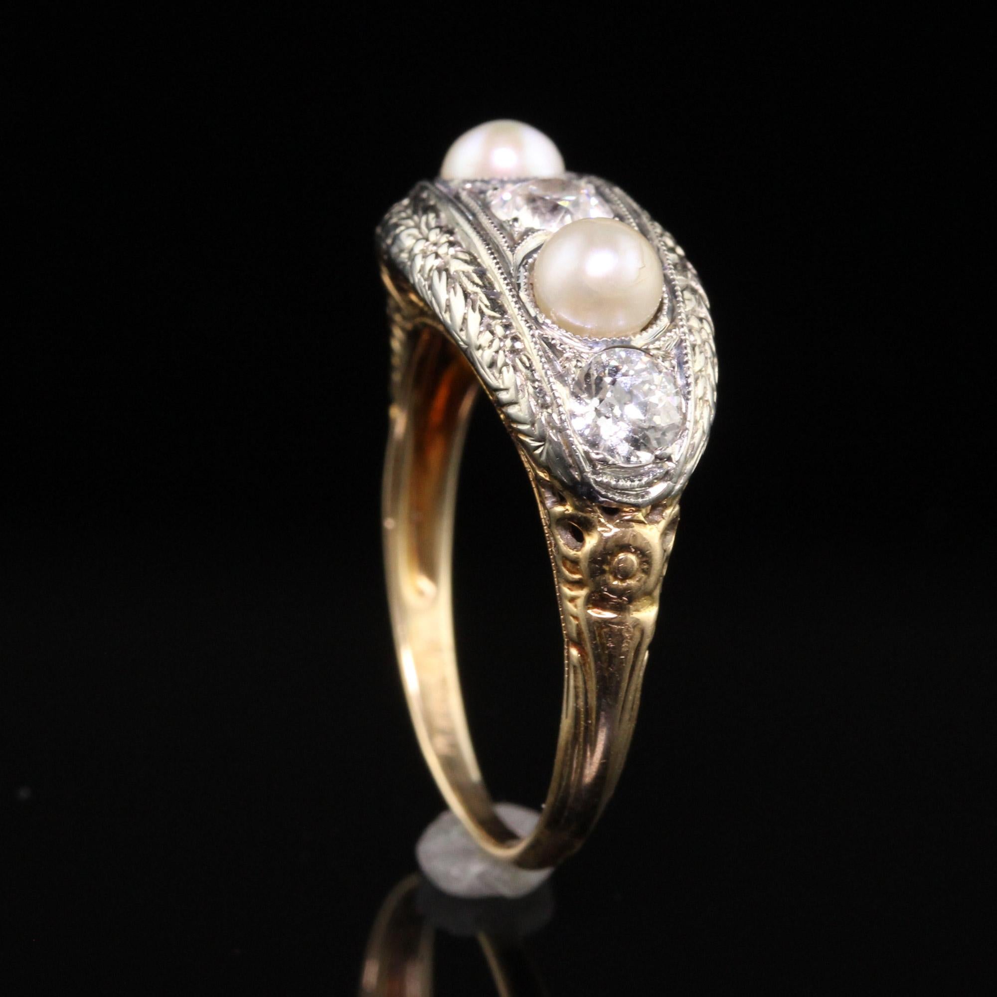 Antique Art Deco 18K and 14K Yellow Gold Old Euro Diamond Natural Pearl Ring For Sale 1