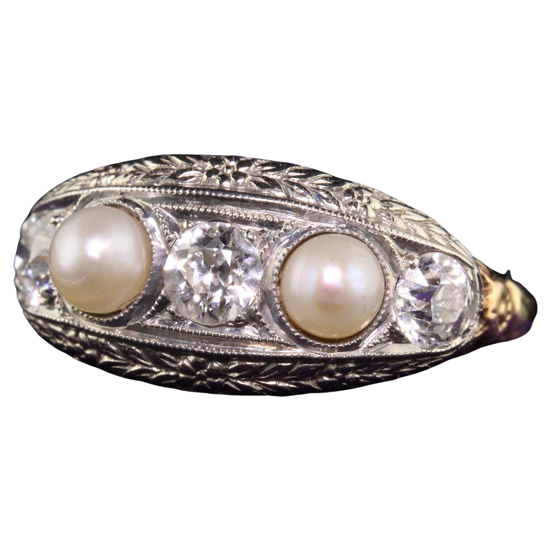 Antique Art Deco 18K and 14K Yellow Gold Old Euro Diamond Natural Pearl Ring